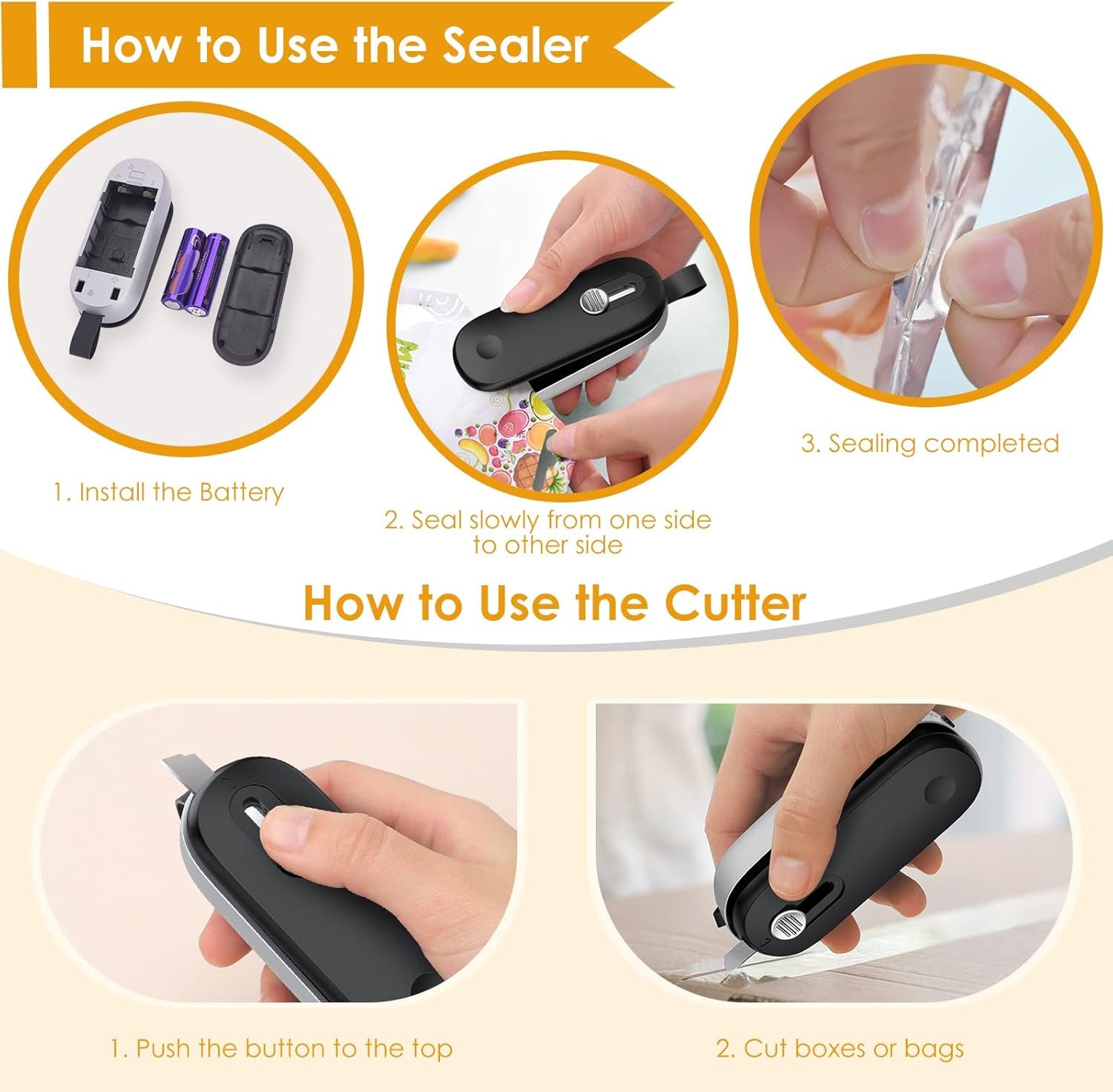 Mini Bag Sealer, 2 in 1 Bag Sealer Heat Seal with Cutter, Portable Vacuum Sealer Handheld Bag Resealer Machine with Lanyard for Plastic Bags Food Snack Storage (Batteries Included)