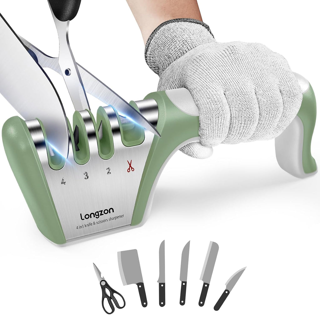 5-In-1 Knife Sharpener 4 Stage with Cut-Resistant Glove, Quickly Sharpens & Restores Dull Blades, Easy & Safe for Home Kitchen Use, Fits Most Knives and Scissors, Black+Silver