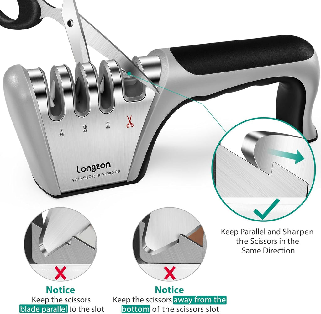 5-In-1 Knife Sharpener 4 Stage with Cut-Resistant Glove, Quickly Sharpens & Restores Dull Blades, Easy & Safe for Home Kitchen Use, Fits Most Knives and Scissors, Black+Silver