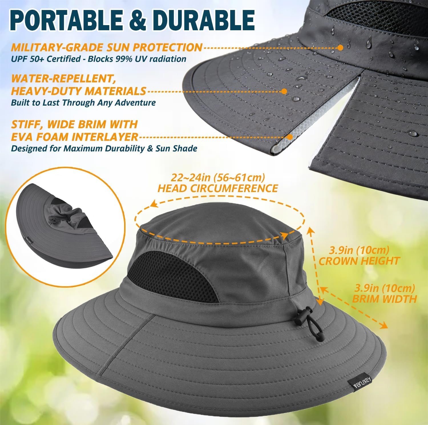 Wide Brim Sun Bucket Hat, Waterproof Boonie Hat for Men & Women | UPF 50+ UV Protection, Adjustable Fit, Chin Strap & Sweatband, Foldable Durable for Fishing Hiking Garden Beach
