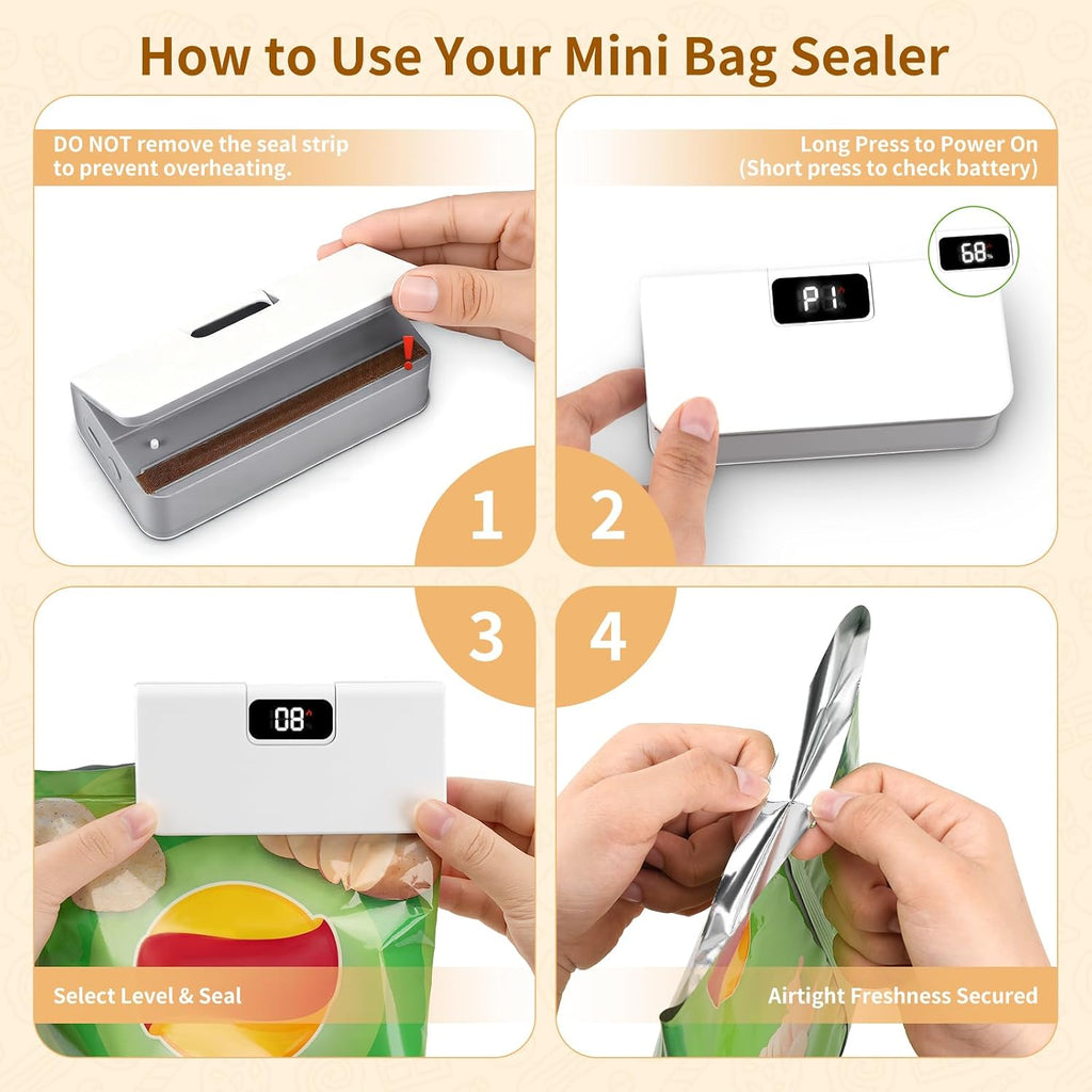 Rechargeable Mini Bag Sealer,6 Adjustable Levels Portable Heat Sealer with Cutter & Magnetic for Food Storage,Sealing Machine for Chip Plastic & Mylar Bags,Kitchen Gadgets for Food Resealer& Freshness