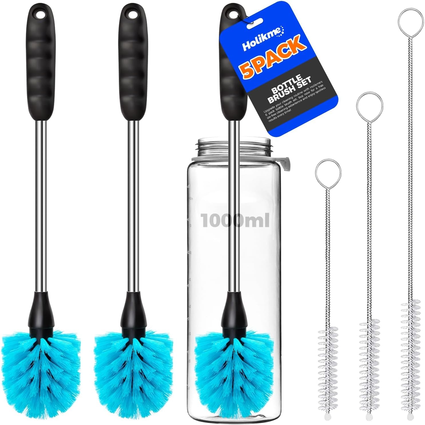 6 Pack Bottle Brush Set, 14" Long Handle Stainless Steel Bottle Cleaner Brush, 3 Straw Brushes, 4-In-1 Bottle Cleaning Brush for Water Bottle, Antistatic Lab Brushes Straws, Black