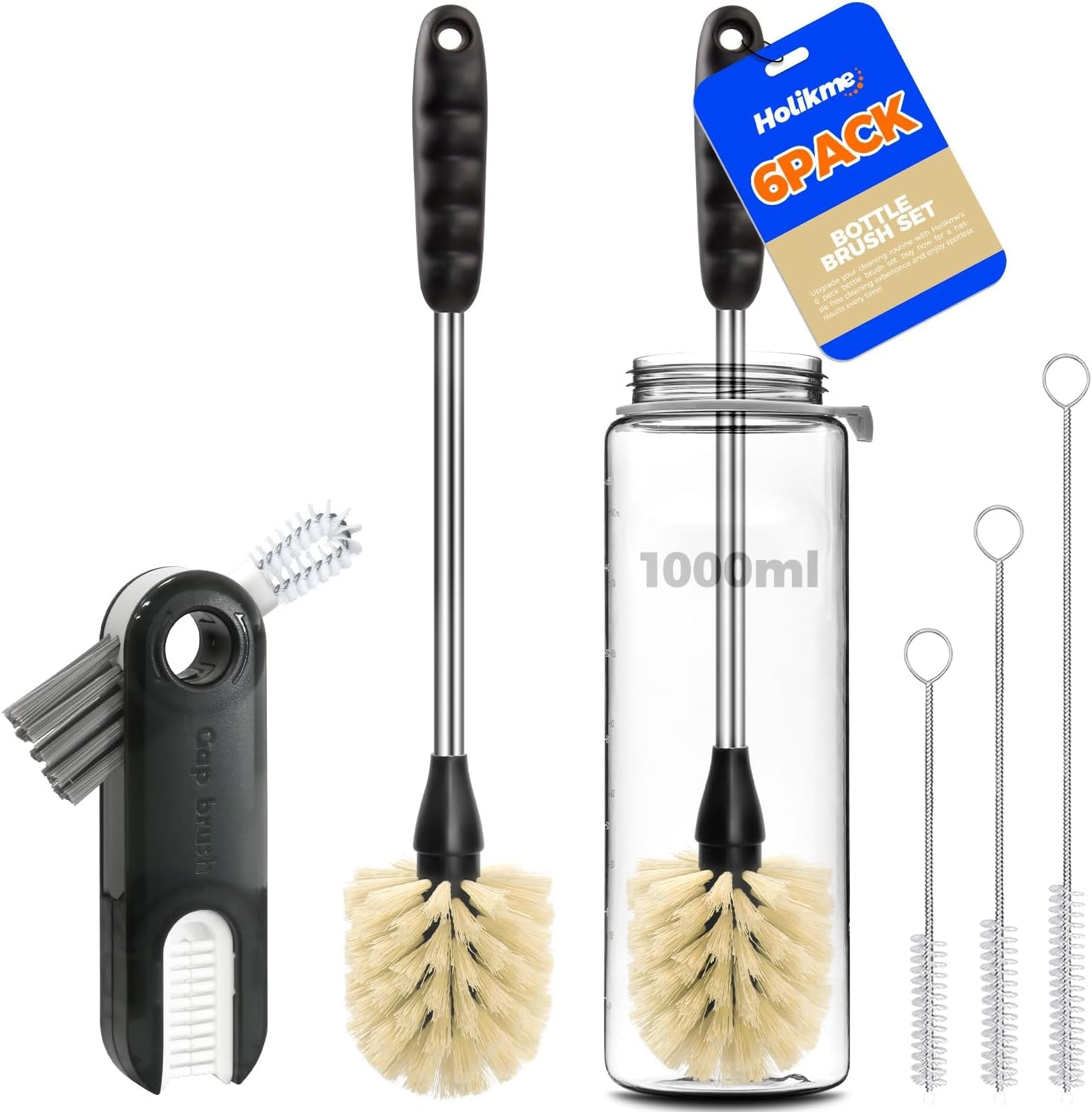 6 Pack Bottle Brush Set, 14" Long Handle Stainless Steel Bottle Cleaner Brush, 3 Straw Brushes, 4-In-1 Bottle Cleaning Brush for Water Bottle, Antistatic Lab Brushes Straws, Black