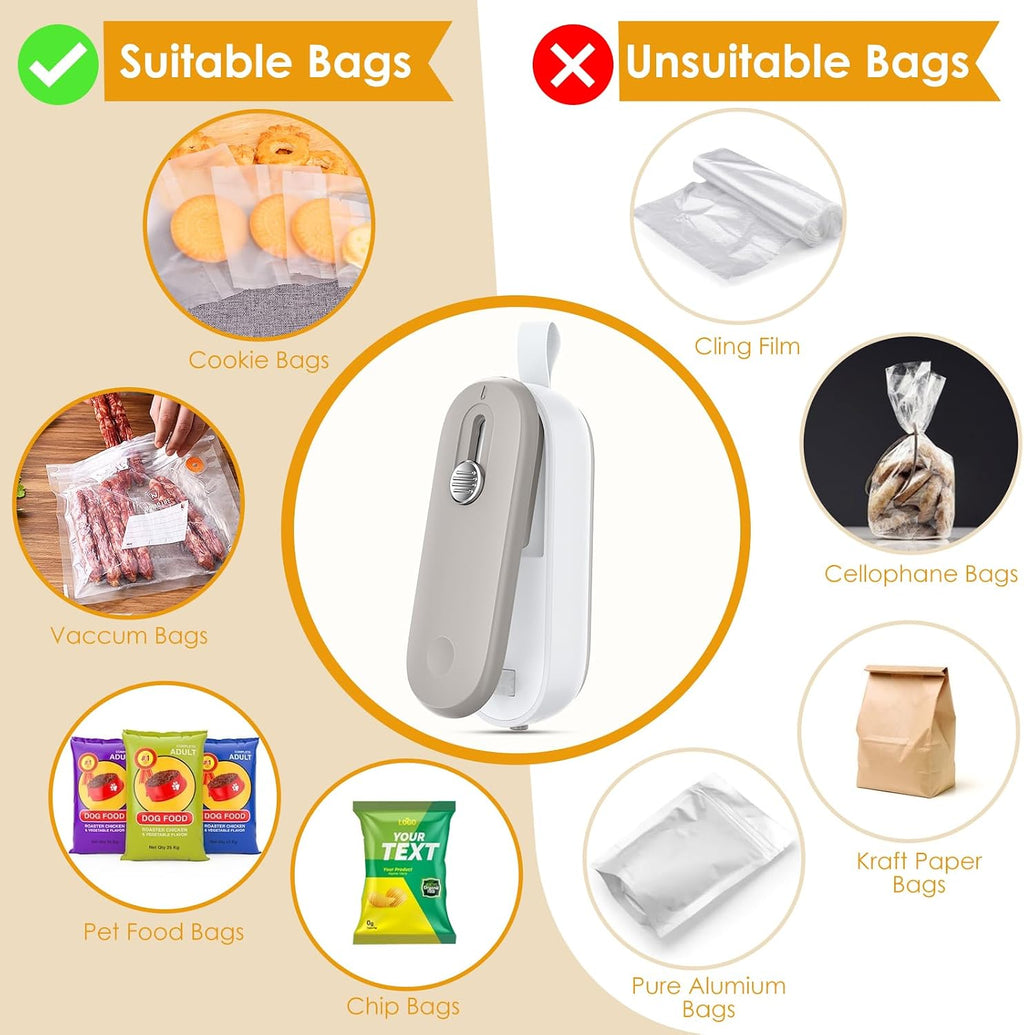 Mini Bag Sealer, Bag Sealer with Cutter 2 in 1 Heat Sealer, Portable Chip Sealer Handheld Food Sealer Mini Sealing Machine for Plastic Bags Chip Bags Food Storage (Battery Included)