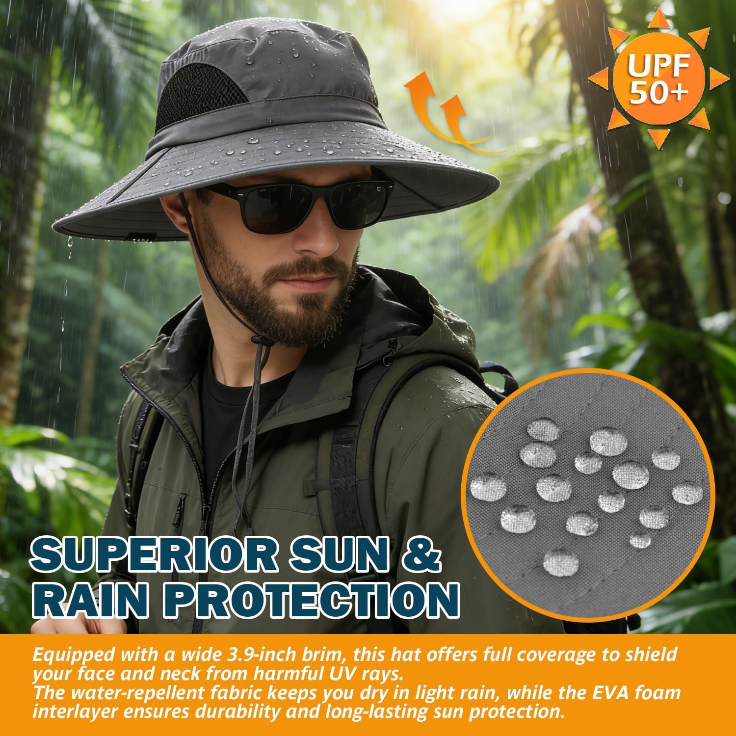 Wide Brim Sun Bucket Hat, Waterproof Boonie Hat for Men & Women | UPF 50+ UV Protection, Adjustable Fit, Chin Strap & Sweatband, Foldable Durable for Fishing Hiking Garden Beach
