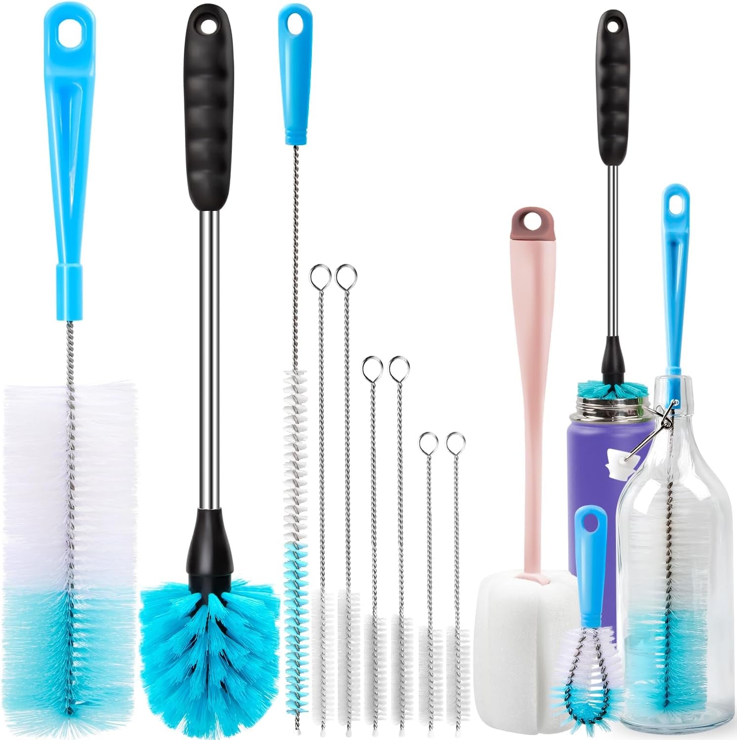 Bottle Brush Tube Cleaning Lab Set with Long Handle, Cup Cleaner for Washing Narrow Neck Beer Wine Decanter Pipes Lids Sinks Cap Covers, White