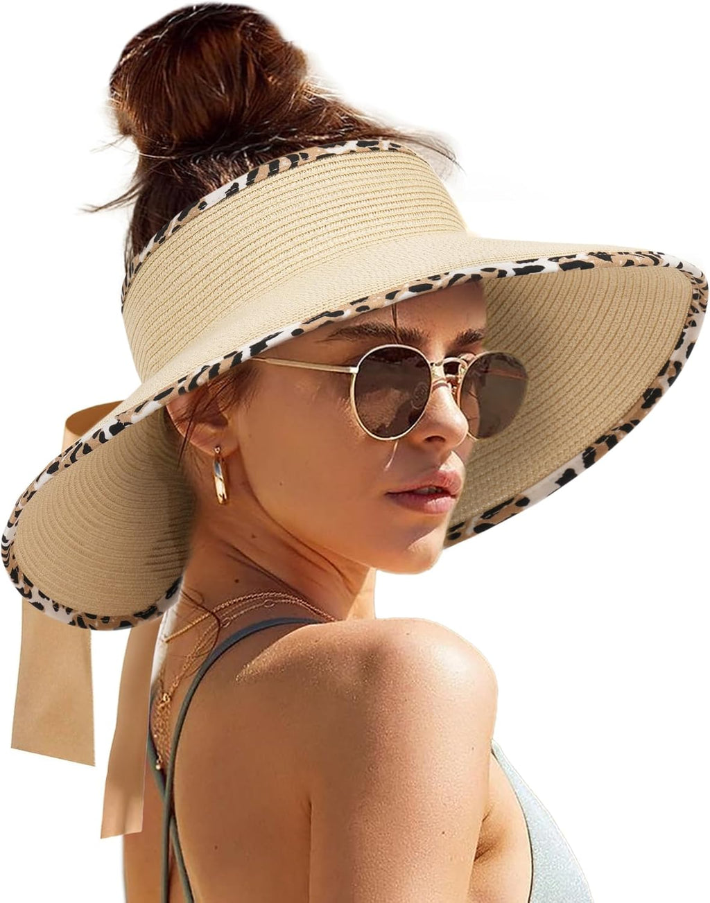 Sun Visors for Women Wide Brim Beach Hat Foldable Straw Visor Hat Ponytail Summer Packable UPF 50+