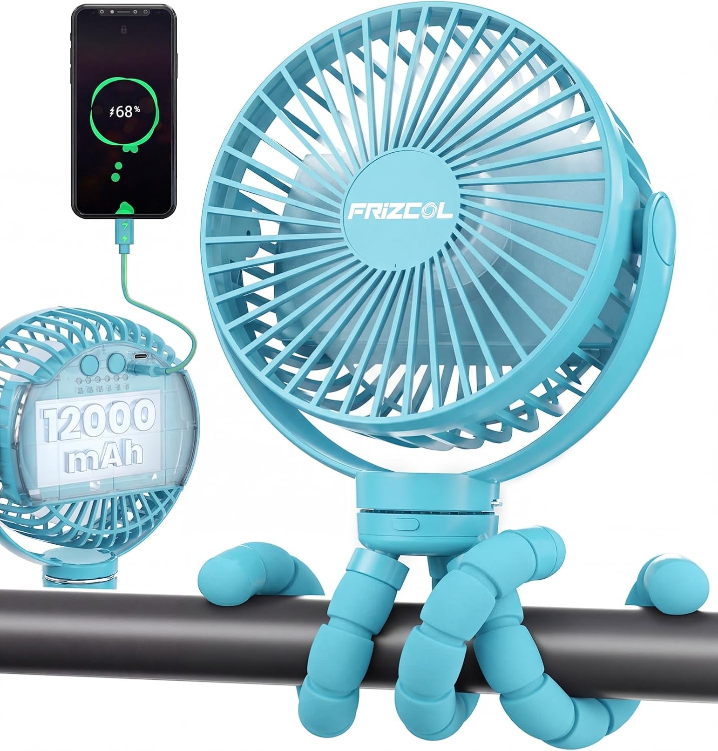 12000Mah Portable Stroller Fan, Use as Power Bank, 65H Battery Operated Fan Flexible Tripod Clip on Fans, Detachable Personal Handheld Baby Fans for Stroller, Car Seat, Desk, Treadmill (Blue)