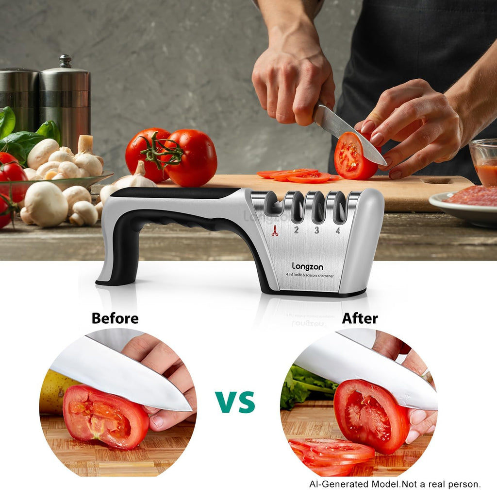 5-In-1 Knife Sharpener 4 Stage with Cut-Resistant Glove, Quickly Sharpens & Restores Dull Blades, Easy & Safe for Home Kitchen Use, Fits Most Knives and Scissors, Black+Silver