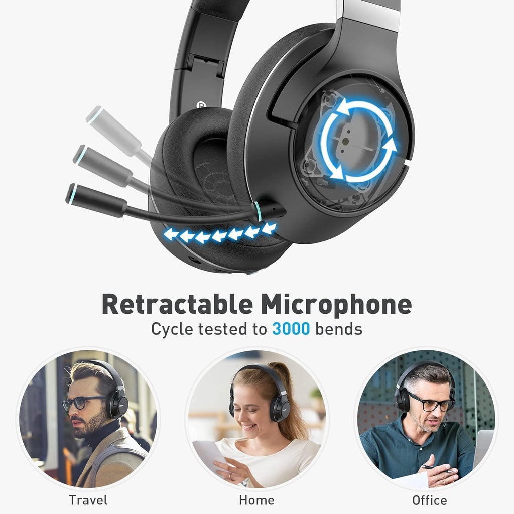 H300 Wireless Headphones with Microphone, over Ear Bluetooth Headsets with USB Dongle & Mute, Environmental Noise Cancelling Retractable Mic for Work Office Call Center Laptop Computer (Black)