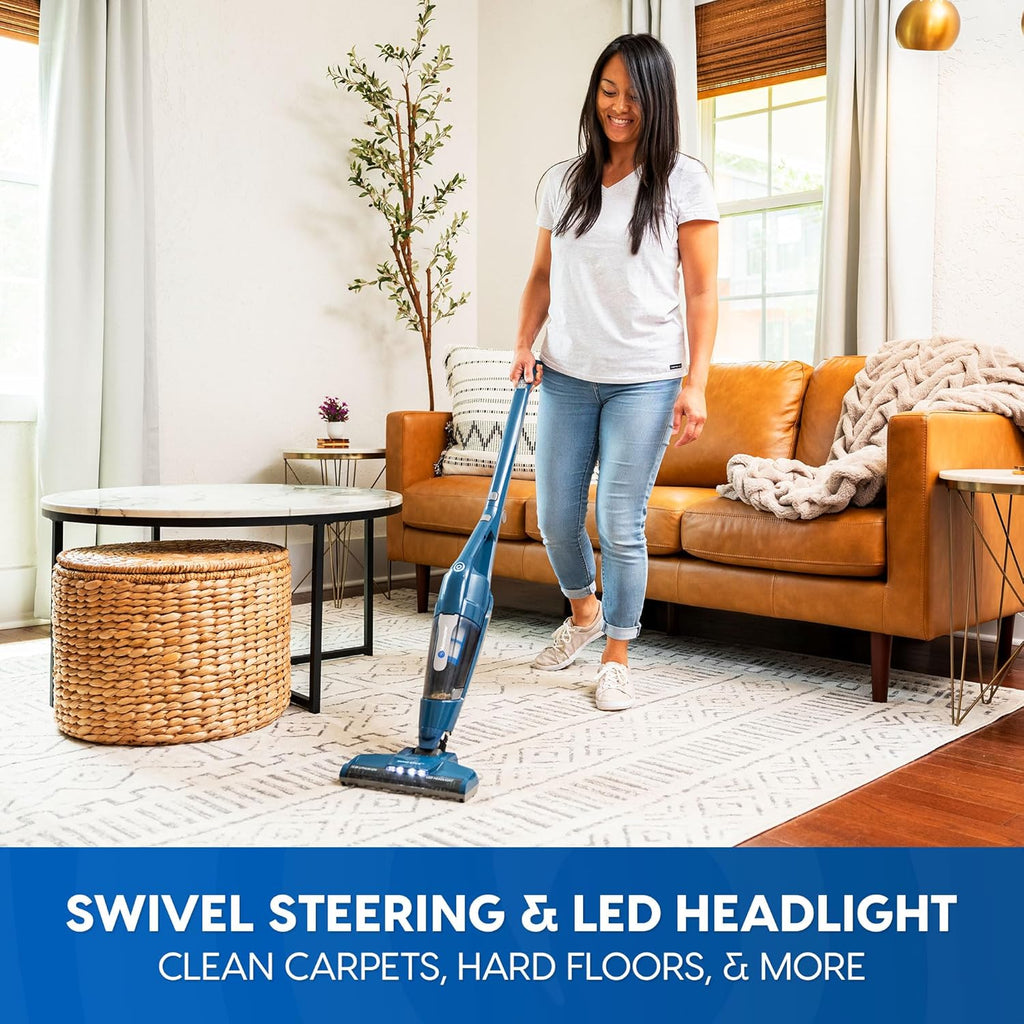 Portable 10.8V 2-In-1 Cordless Stick Lightweight Vacuum Cleaner with 2-Speed Power Control and LED Headlight for Hardwood Floor, Carpet & Pet Hair, Blue