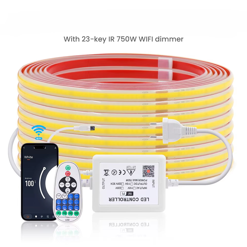 220V Dimmable COB LED Strip Light WIFI Bluetooth Wall Touch 23Key Remote Control Power Kit 288Leds/M Waterproof Flexible Lamp