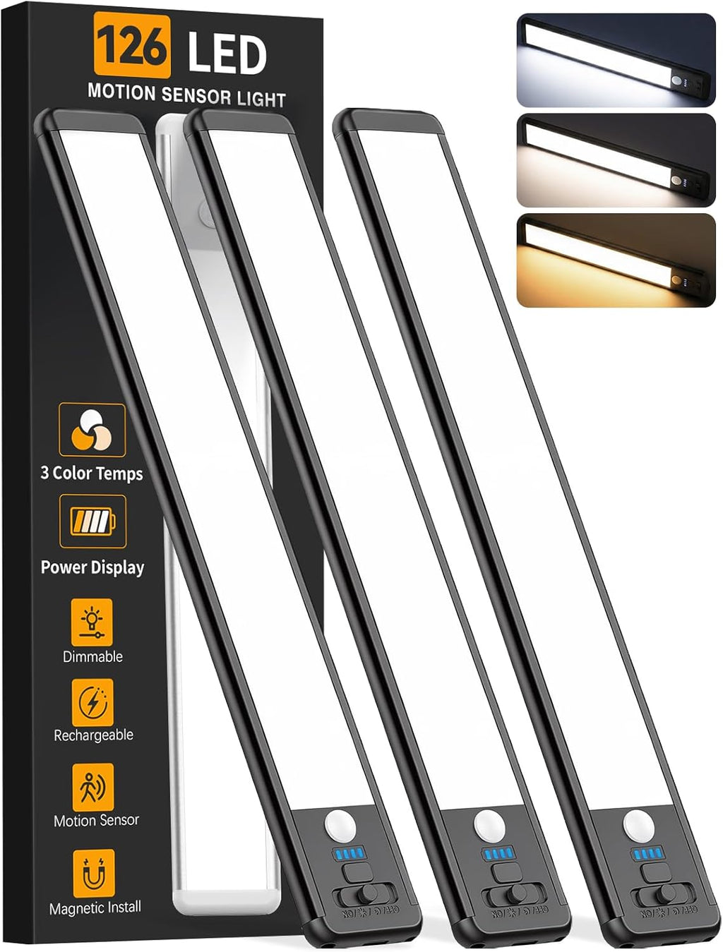Under Cabinet Lighting Wireless, Rechargeable 10Inch Motion Sensor Light Indoor, 3 Color Closet Light Battery Operated with LED Power Display, Magnetic under Counter Lights for Kitchen, Home (3Pack)