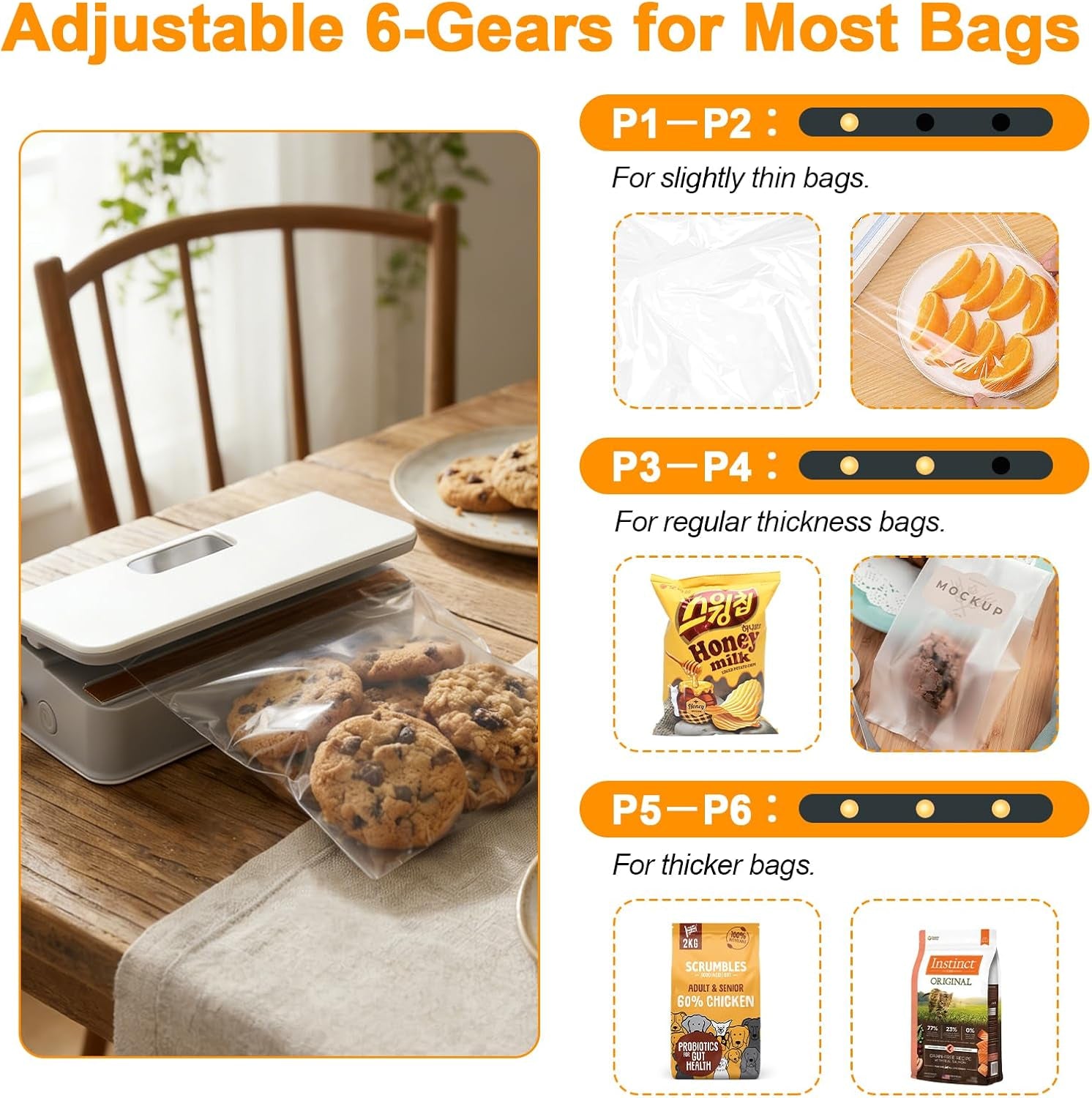 Mini Bag Sealer, Rechargeable Sealer Machine with LED Power Display, 6 Gear Adjustable Portable Bag Sealer Heat Sealer and Cutter, Bag Resealer for Chips Snacks Mylar Plastic Bags