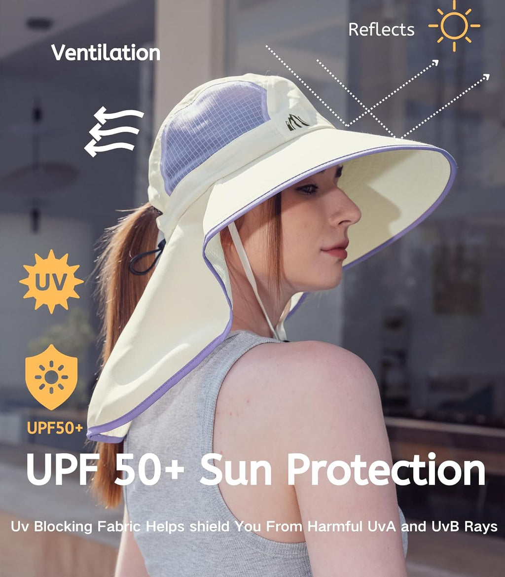 UV Sun Protection Hat Women Foldable Neck Flap Wide Brim Fishing Hat with Ponytail Hole for Women