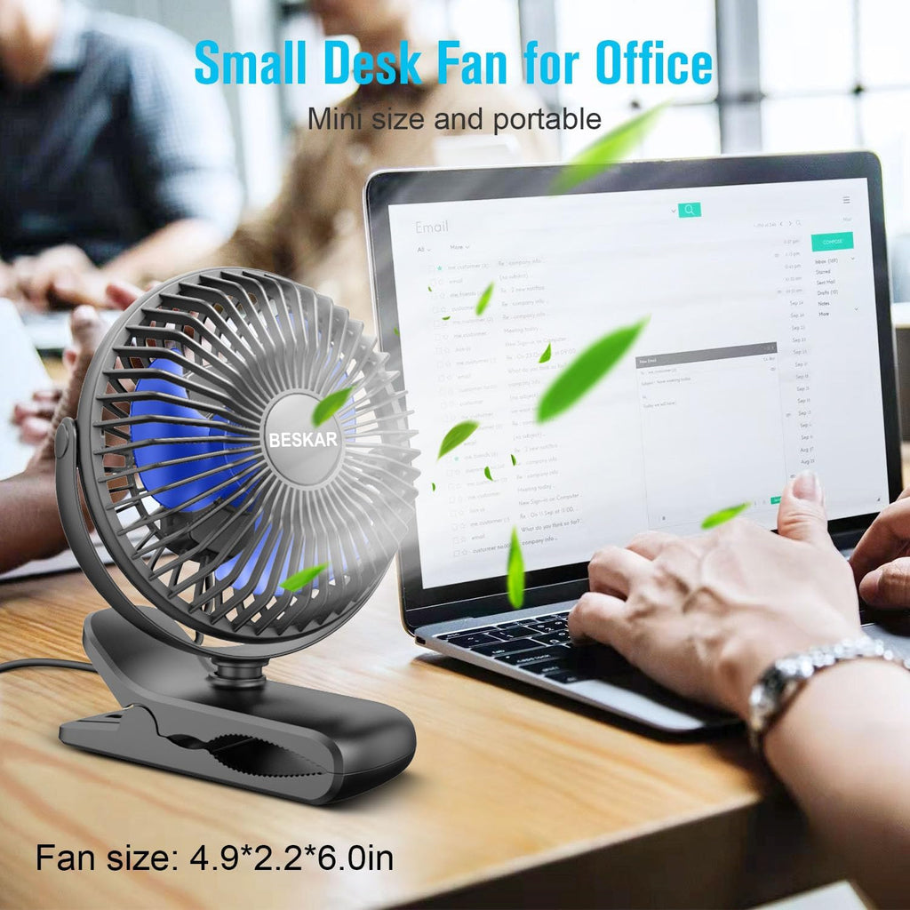 USB Clip on Fan, Portable Small Fan with Cord Powered, 3 Speeds Strong Airflow, with Sturdy Clamp, Quiet Personal Desk Fan