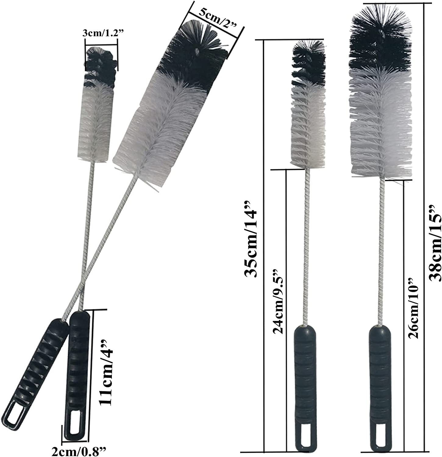 Bottle Brushes Thin Long Handle X 2, Utility Skinny Wire Cleaner Set Big Small, Bendable Flexible for Cleaning Narrow Neck Water, Beer, Wine, Baby Bottles, Pipes, Tubes, Hoses, and Flasks