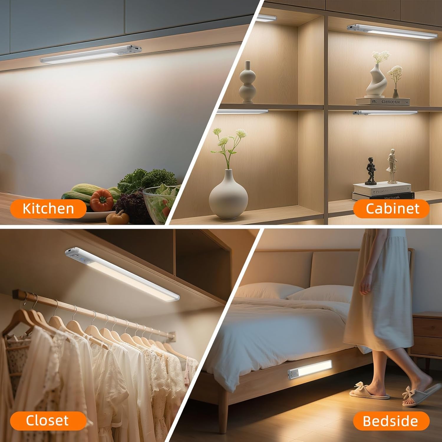Under Cabinet Lighting Wireless, Rechargeable 10Inch Motion Sensor Light Indoor, 3 Color Closet Light Battery Operated with LED Power Display, Magnetic under Counter Lights for Kitchen, Home (3Pack)