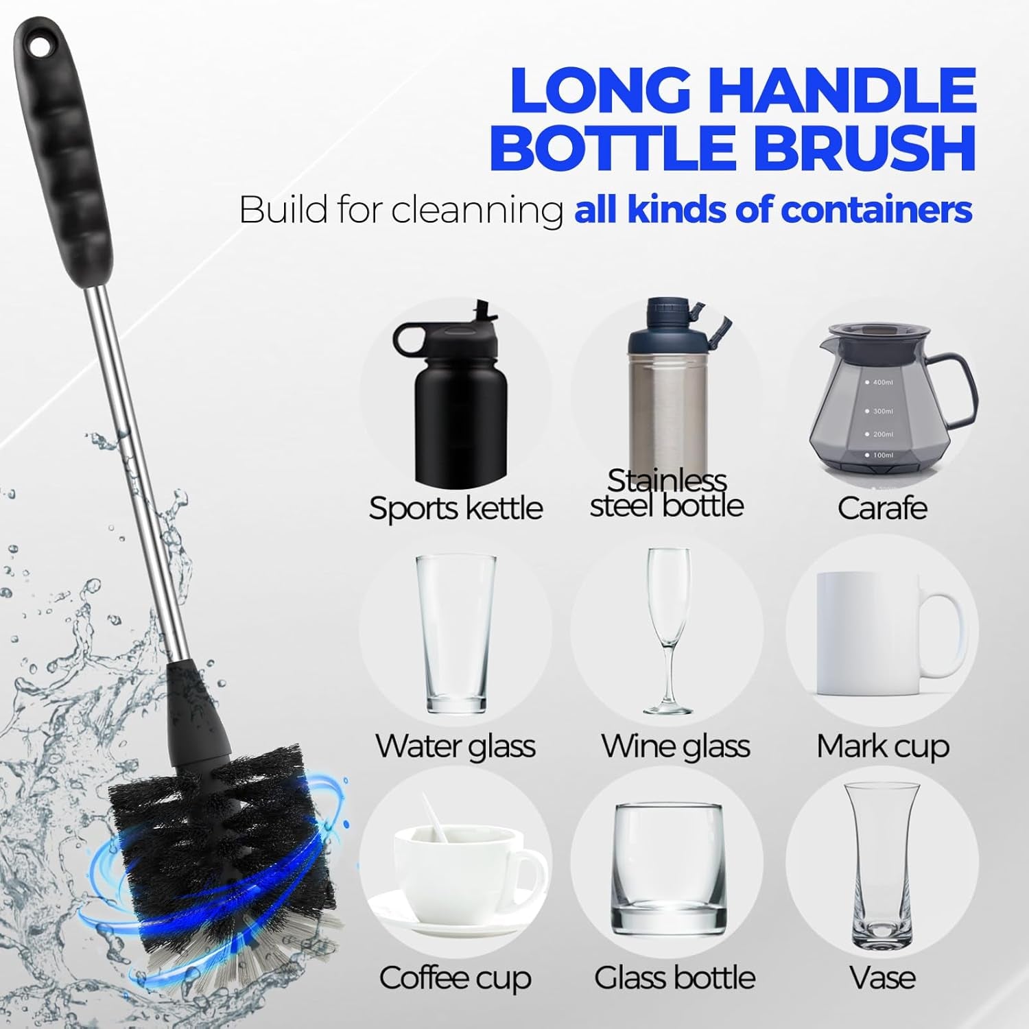 6 Pack Bottle Brush Set, 14" Long Handle Stainless Steel Bottle Cleaner Brush, 3 Straw Brushes, 4-In-1 Bottle Cleaning Brush for Water Bottle, Antistatic Lab Brushes Straws, Black