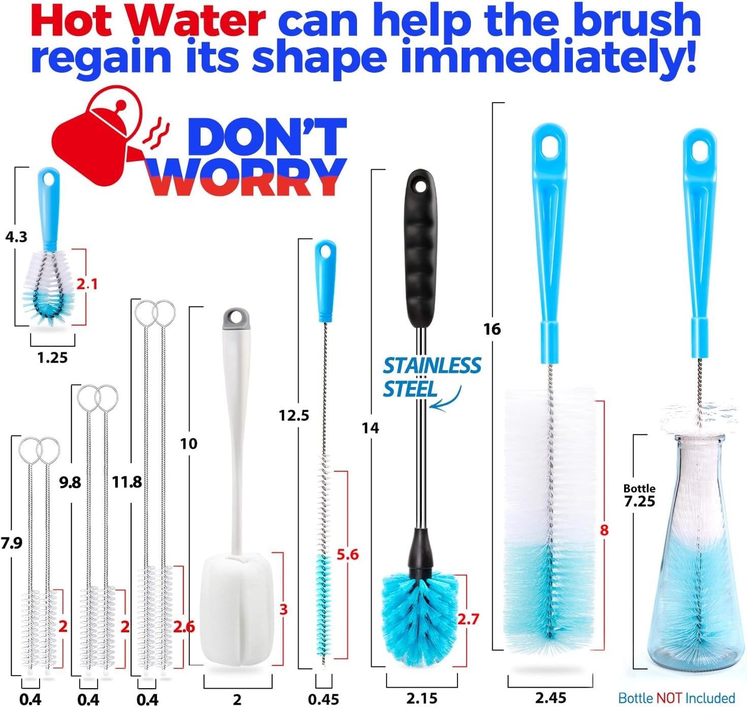 Bottle Brush Tube Cleaning Lab Set with Long Handle, Cup Cleaner for Washing Narrow Neck Beer Wine Decanter Pipes Lids Sinks Cap Covers, White