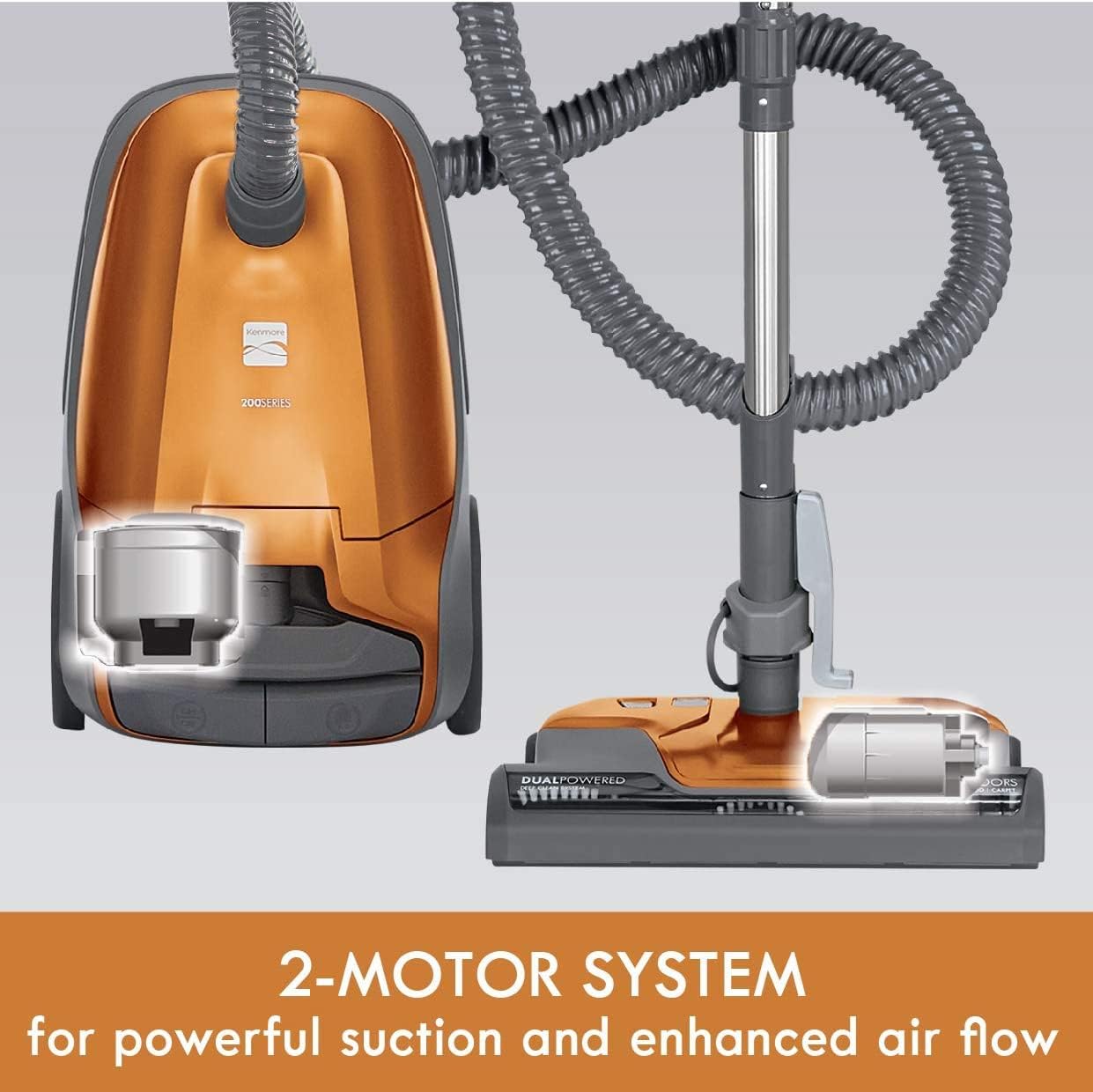 81214 200 Series Pet Friendly Lightweight Bagged Canister Vacuum with HEPA, 2 Motor System, and 3 Cleaning Tools-Orange