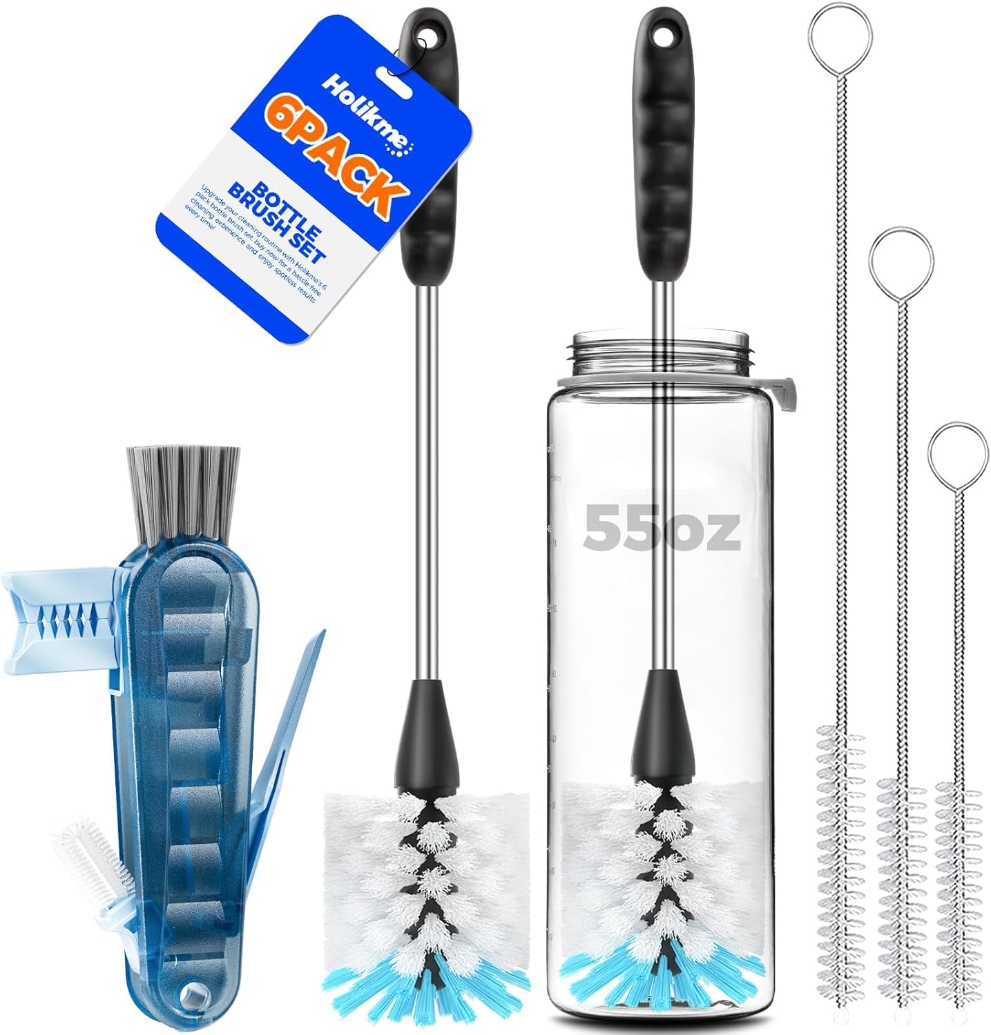 6 Pack Bottle Brush Set, 14" Long Handle Stainless Steel Bottle Cleaner Brush, 3 Straw Brushes, 4-In-1 Bottle Cleaning Brush for Water Bottle, Antistatic Lab Brushes Straws, Black