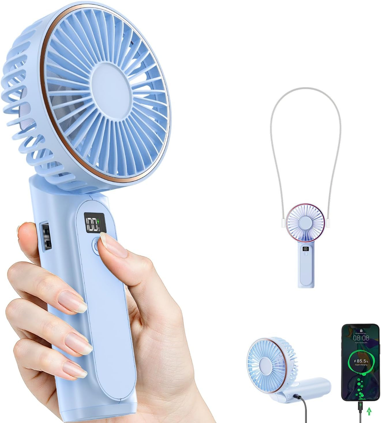 Portable Handheld Fan, Portable Fan Rechargeable, 4000Mah, 180° Adjustable, 6 Speed Wind, Display Electricity in Real Time, USB Rechargeable Foldable F An, Quiet Personal Fan with Power Bank