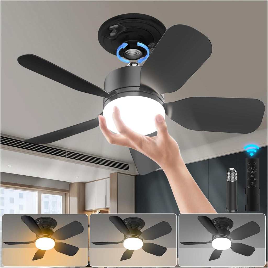20" Socket Fan Light with Remote, 30W 2000 Lumens, 3 Colors 3000-6000K Small Ceiling Fans with Lights 6 Speed Wind Light Bulb Fan for Bedroom, Living Room, Kitchen, Laundry Room