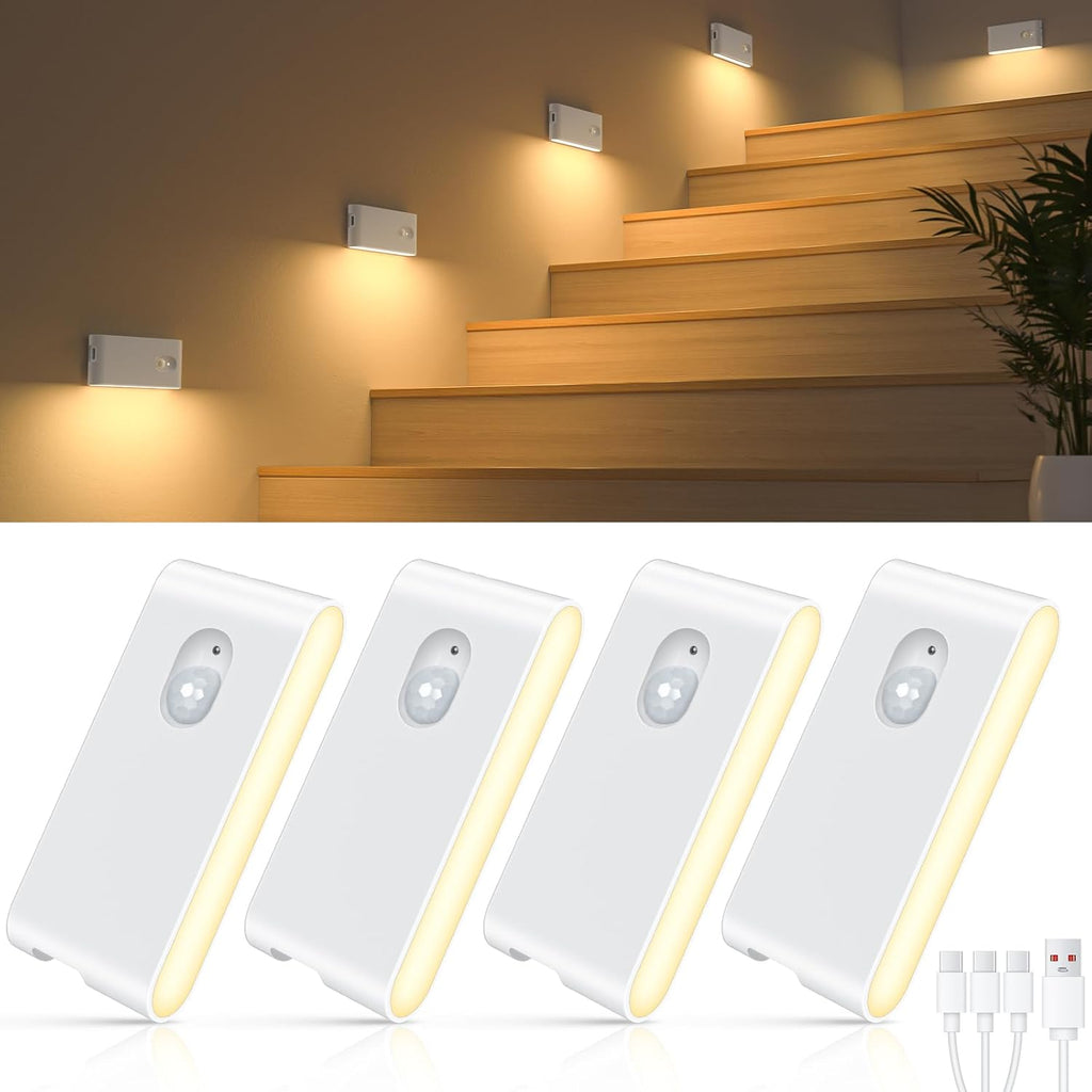 Stair Lights Indoor,Warm White Rechargeable Night Light,Wireless Motion Sensor Night Light,Battery Stick on Lights for Stairway,Hallway,Kitchen,Closet,Cabinet,Bedroom,Kids' Room(4-Pack)