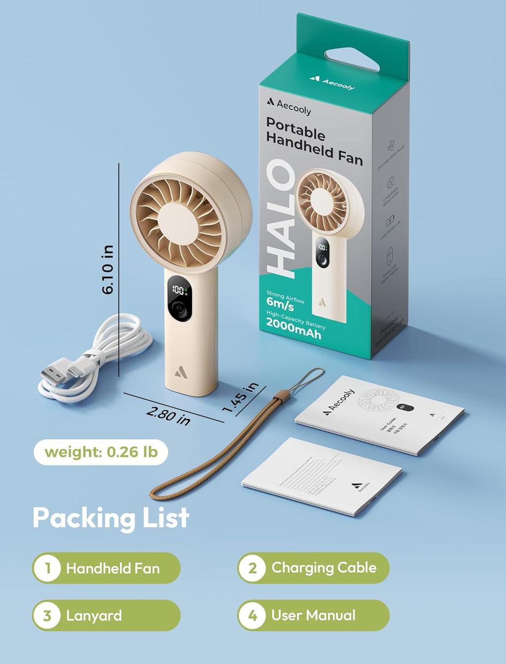 Mighty Portable Fan, Powerful Handheld Fan, USB Rechargeable [10H Max Cooling Time], Mini Personal Battery Powered, Pocket for Travel, Summer, Gifts for Women, Girls -Beige