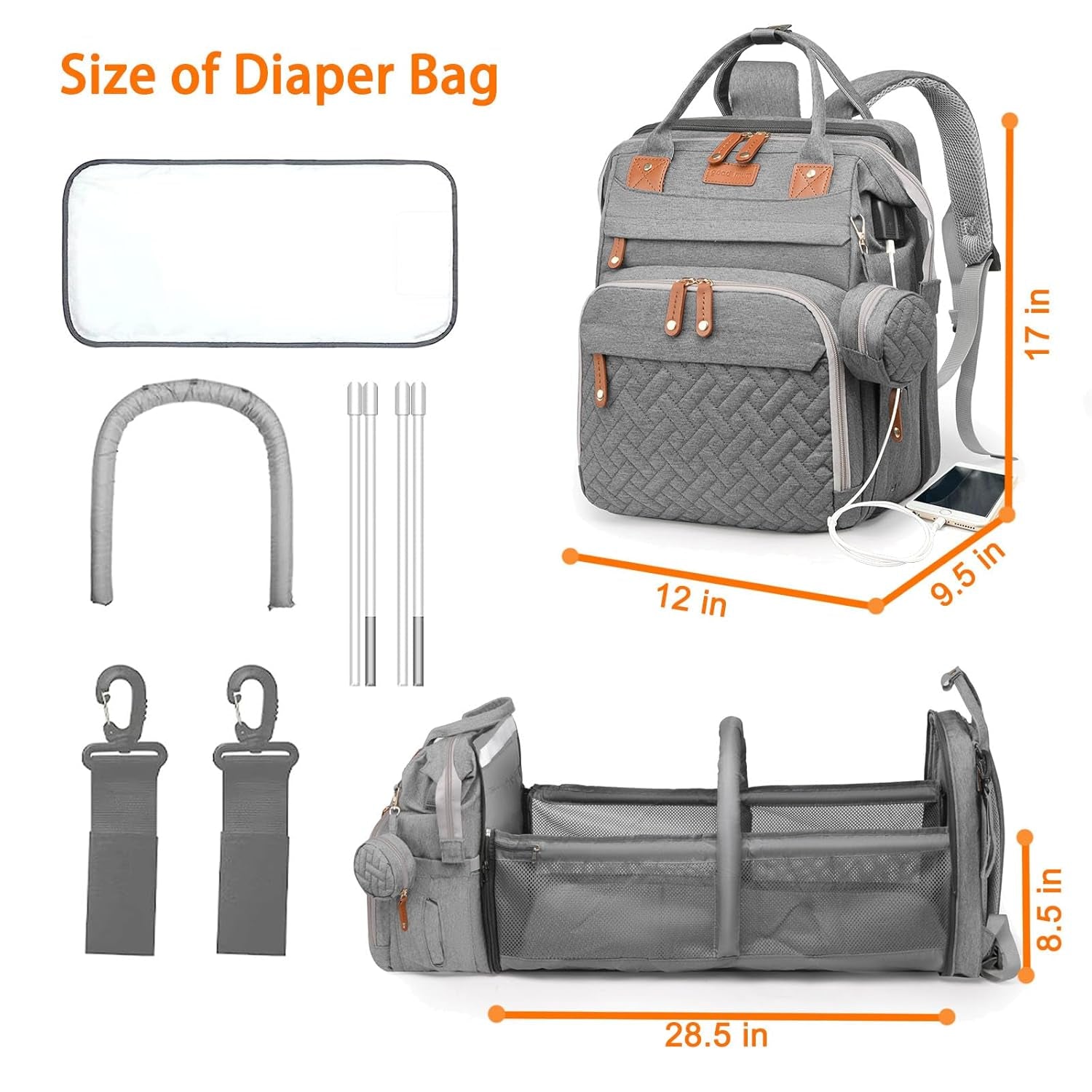 Baby Diaper Bag with Changing Station, Waterproof Diaper Bag Backpack for Moms Dads with USB Charging Port, Baby Shower Gifts, Large Capacity Diaper Backpack, Grey