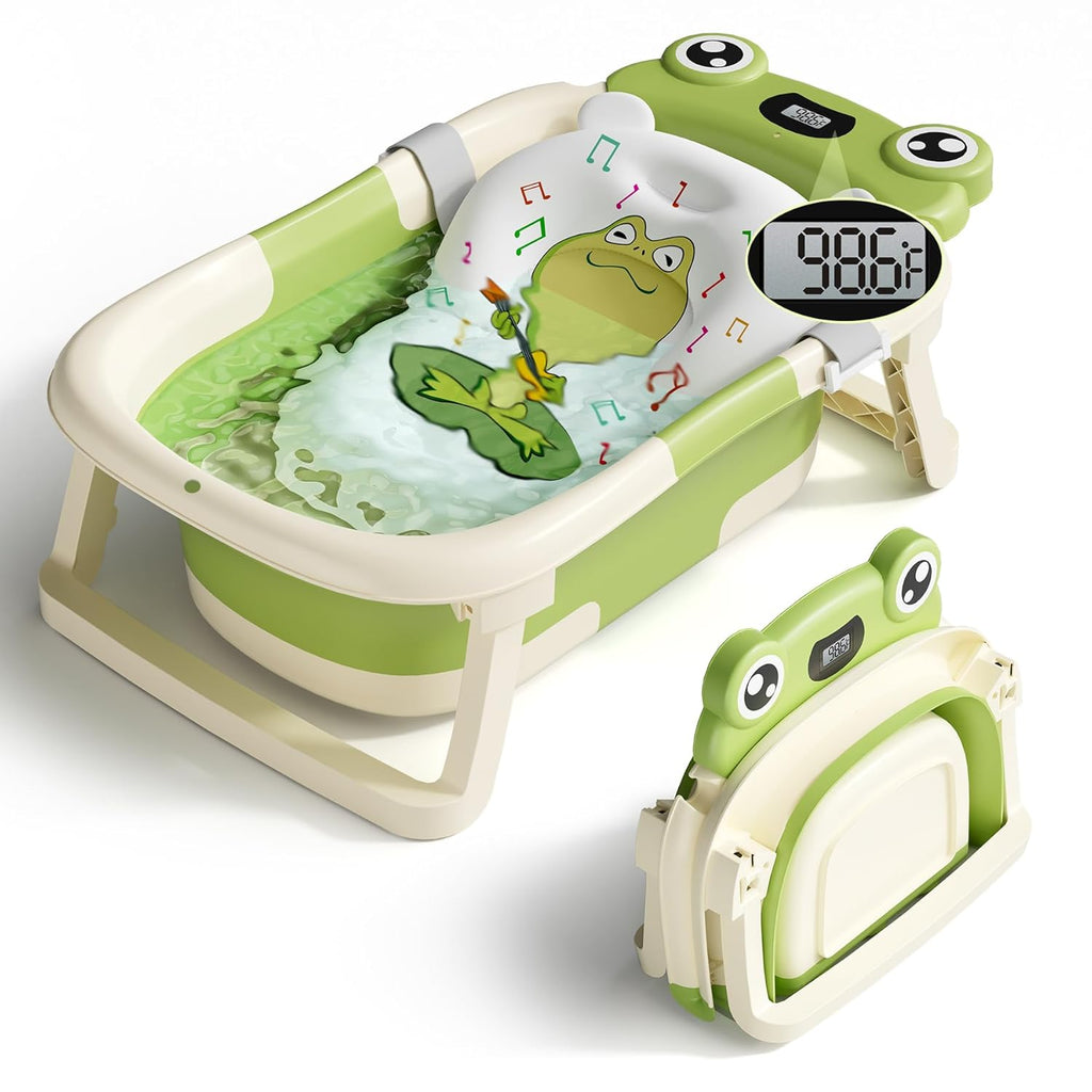 Baby Bathtub, Collapsible Newborn Bathtub for Infant to Toddler with Soft Cushion and Thermometer,Portable Travel Newborn Tub with No-Slip Feet, Baby Shower Gifts, 0-12 Months Baby Bath, Grey
