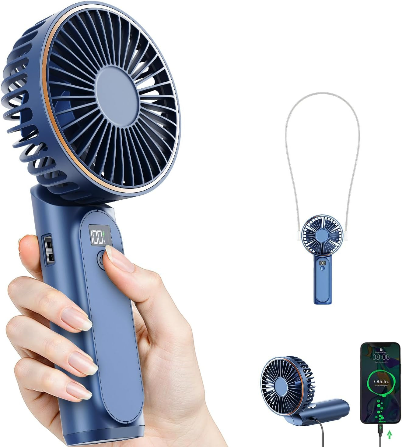 Portable Handheld Fan, Portable Fan Rechargeable, 4000Mah, 180° Adjustable, 6 Speed Wind, Display Electricity in Real Time, USB Rechargeable Foldable F An, Quiet Personal Fan with Power Bank