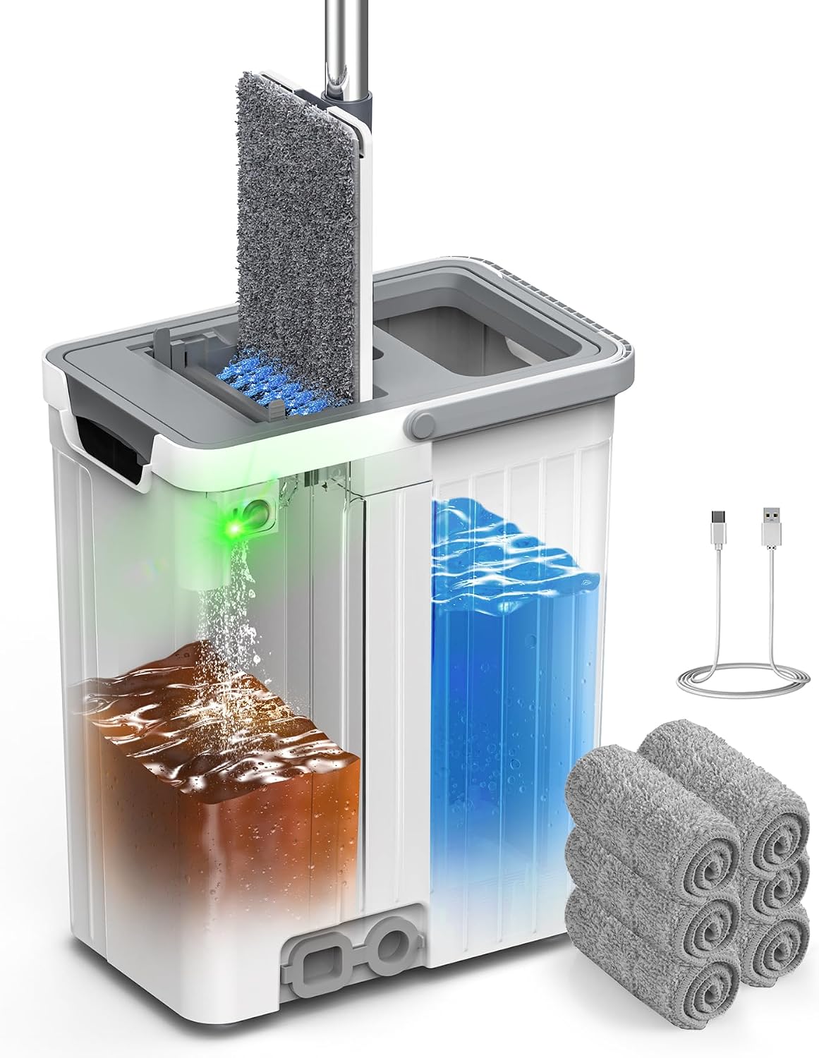 Mop and Bucket Set with AUTO Pump, 3-Zone Separate Dirty and Clean Water, Flat Mop and Bucket System with Wringer and Wheels, 4 Reusable Microfiber Pads, One-Touch Water Filling for Home Cleaning