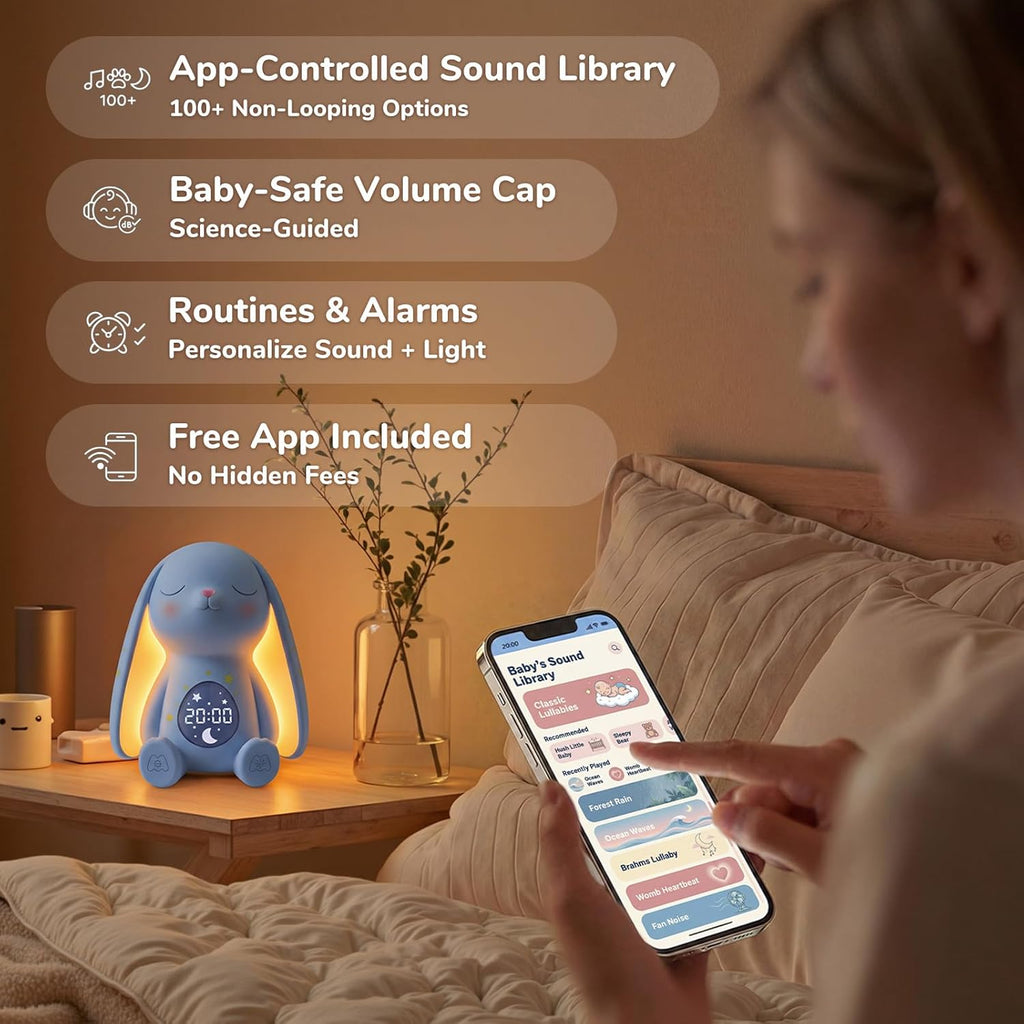 Mom'S Choice Awards丨Bunny White Noise Sound Machine Baby for Sleep- AI Cry Detection, 100 Soothing Sounds, Full APP Access Included, Newborn Baby Boy Gifts, Night Light & Sleep Trainer, New Mom Gift