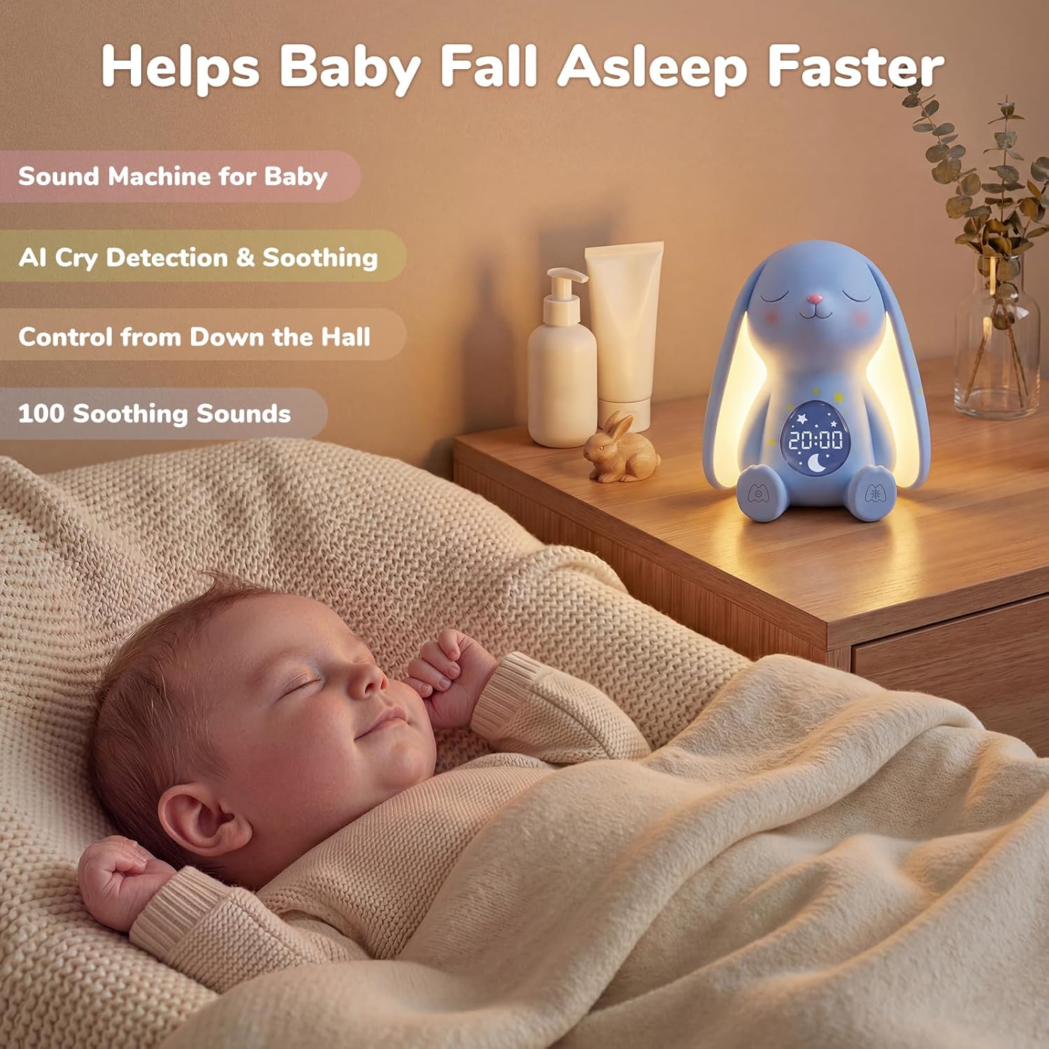 Mom'S Choice Awards丨Bunny White Noise Sound Machine Baby for Sleep- AI Cry Detection, 100 Soothing Sounds, Full APP Access Included, Newborn Baby Boy Gifts, Night Light & Sleep Trainer, New Mom Gift