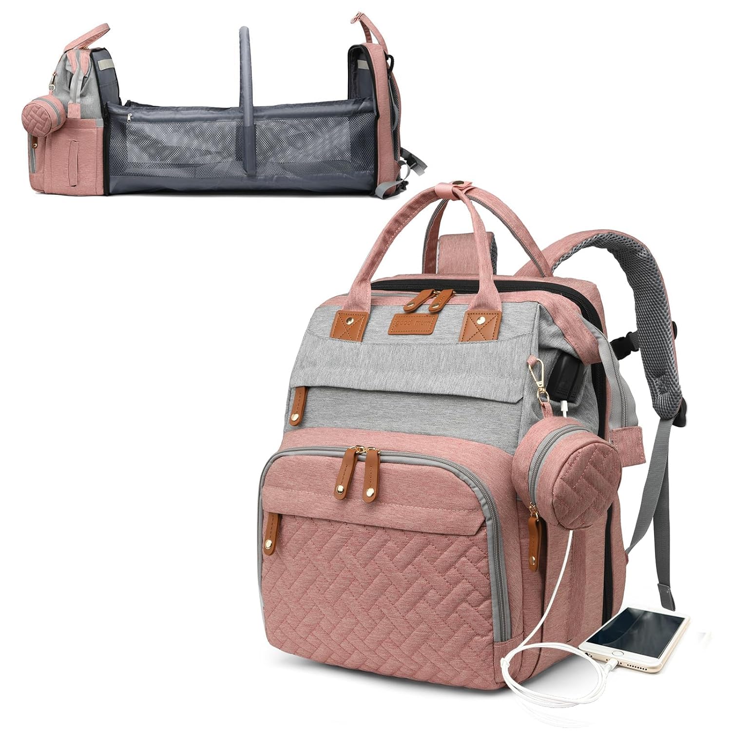 Baby Diaper Bag with Changing Station, Waterproof Diaper Bag Backpack for Moms Dads with USB Charging Port, Baby Shower Gifts, Large Capacity Diaper Backpack, Grey