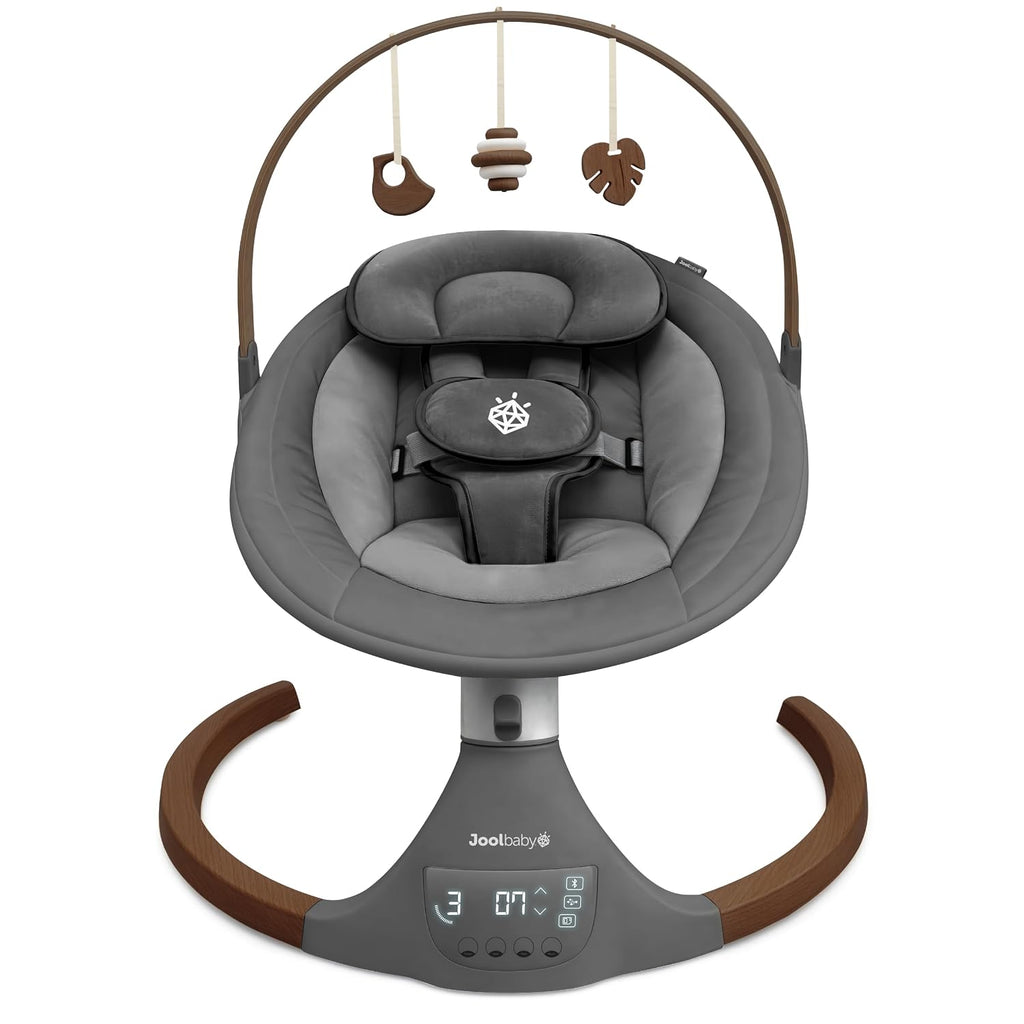 Jool Baby Nova Nature Baby Swing for Newborns with Natural Wood Toys, Electric Motorized Infant Swing, Bluetooth Music, Remote (Gray)