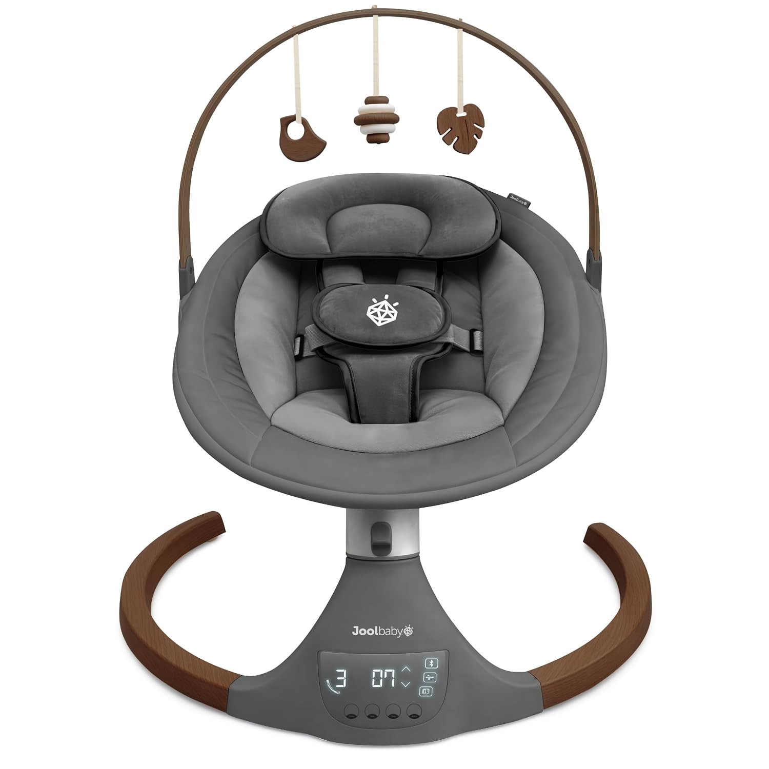 Jool Baby Nova Nature Baby Swing for Newborns with Natural Wood Toys, Electric Motorized Infant Swing, Bluetooth Music, Remote (Gray)
