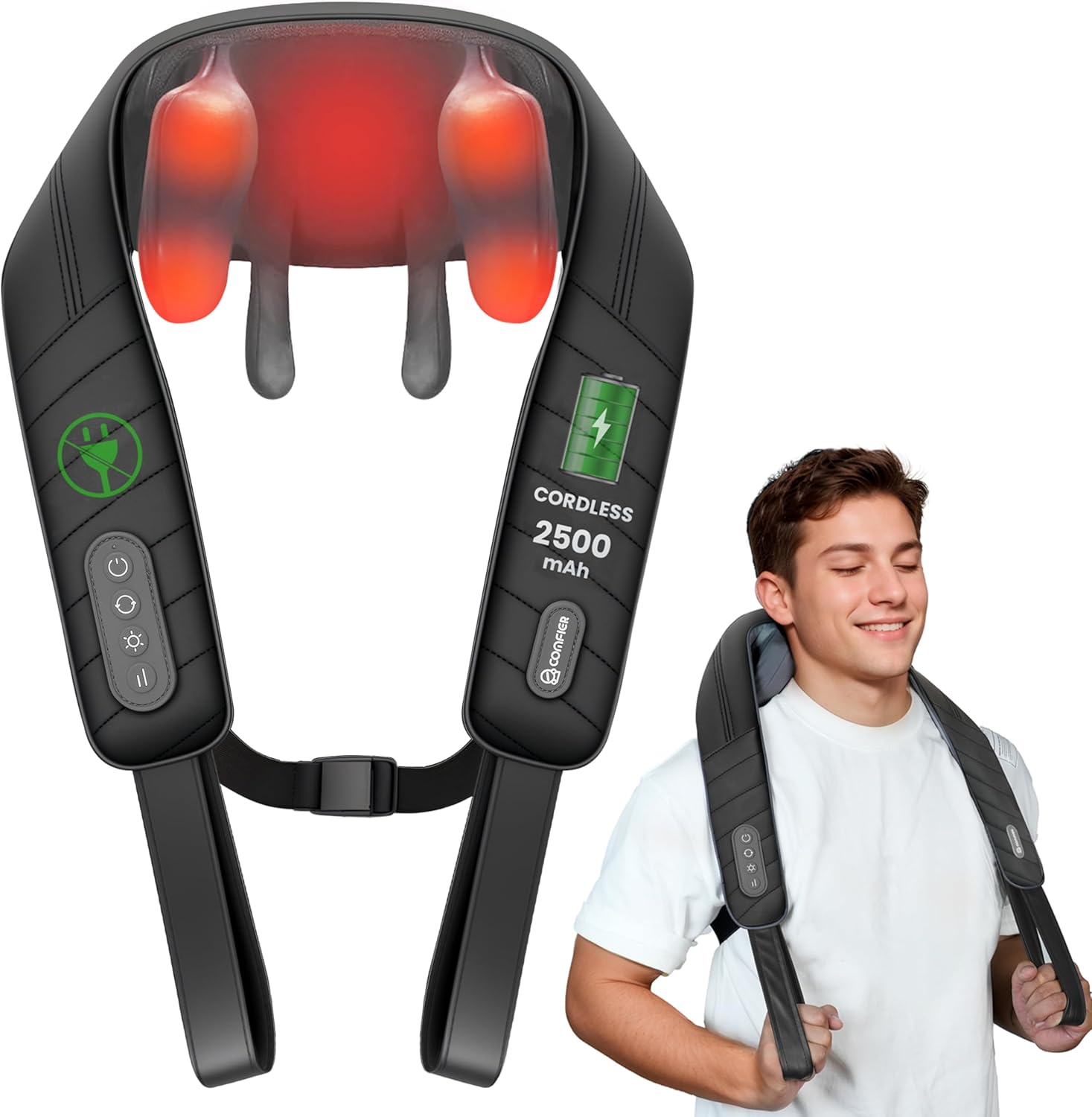 Cordless Neck Massager with Heat, 4D Kneading Shiatsu Neck and Shoulder Massager Deep Tissue, Hands-Free Straps, FSA Eligible HSA, Father Day Gift for Dad