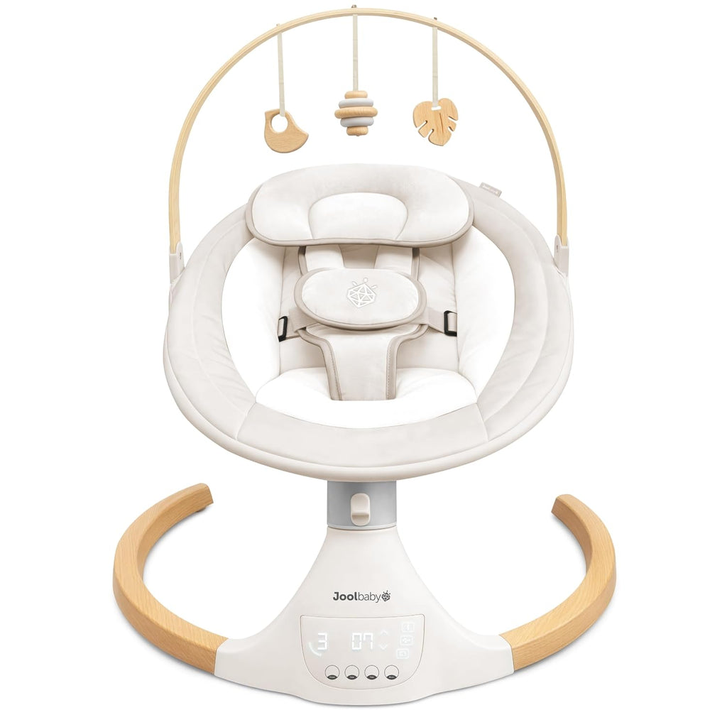 Jool Baby Nova Nature Baby Swing for Newborns with Natural Wood Toys, Electric Motorized Infant Swing, Bluetooth Music, Remote (Gray)