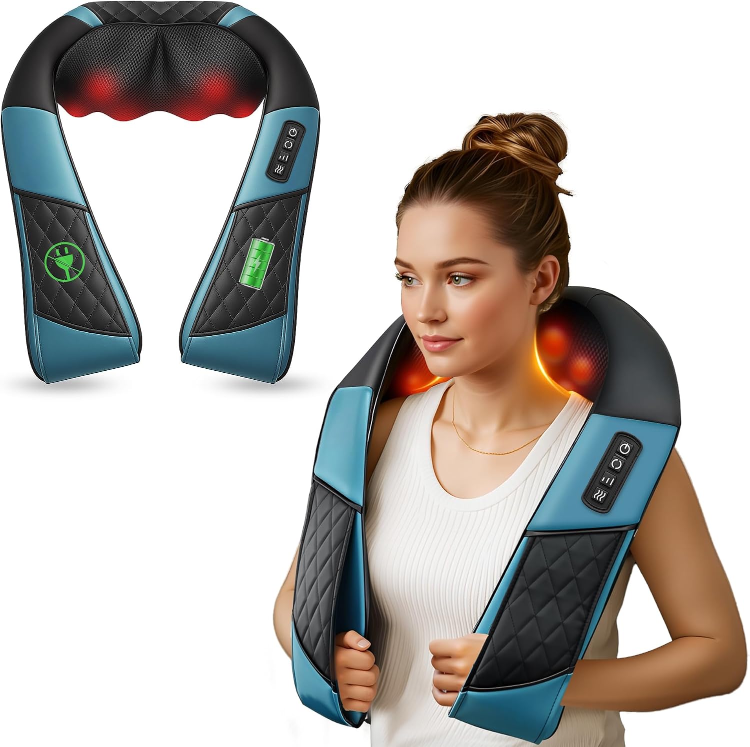 Cordless Neck Massager with Heat, 4D Kneading Shiatsu Neck and Shoulder Massager Deep Tissue, Hands-Free Straps, FSA Eligible HSA, Father Day Gift for Dad