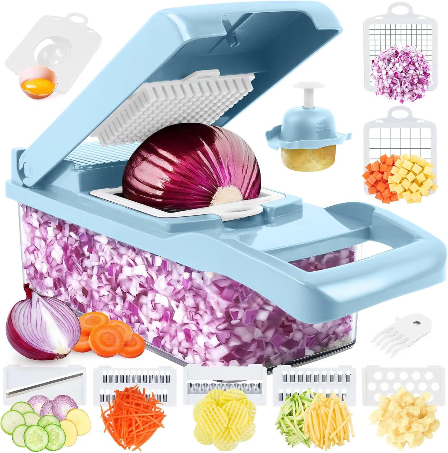 Vegetable Chopper, Pro Onion Chopper, Multifunctional 13 in 1 Food Chopper, Kitchen Vegetable Slicer Dicer Cutter,Veggie Chopper with 8 Blades,Carrot and Garlic Chopper with Container