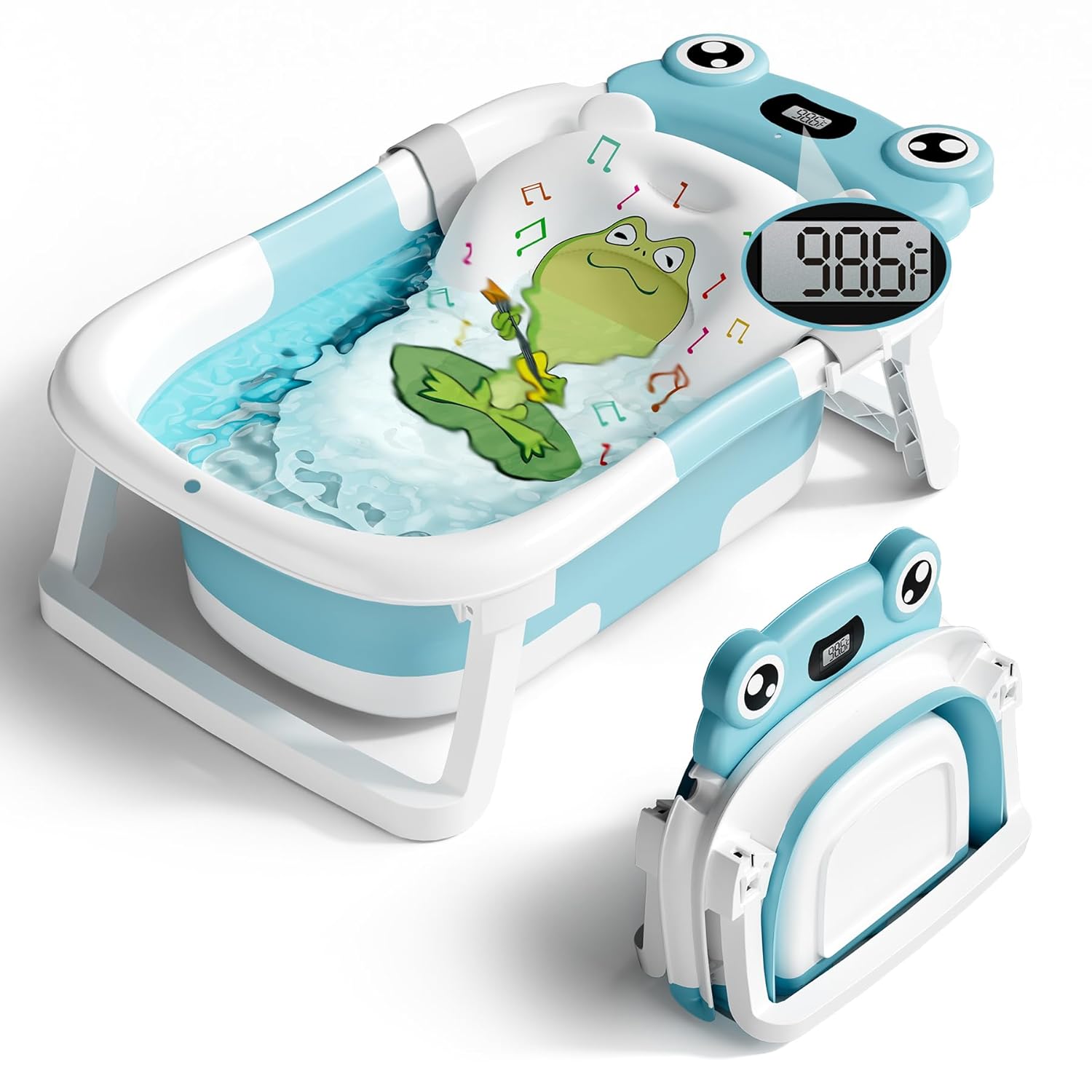 Baby Bathtub, Collapsible Newborn Bathtub for Infant to Toddler with Soft Cushion and Thermometer,Portable Travel Newborn Tub with No-Slip Feet, Baby Shower Gifts, 0-12 Months Baby Bath, Grey