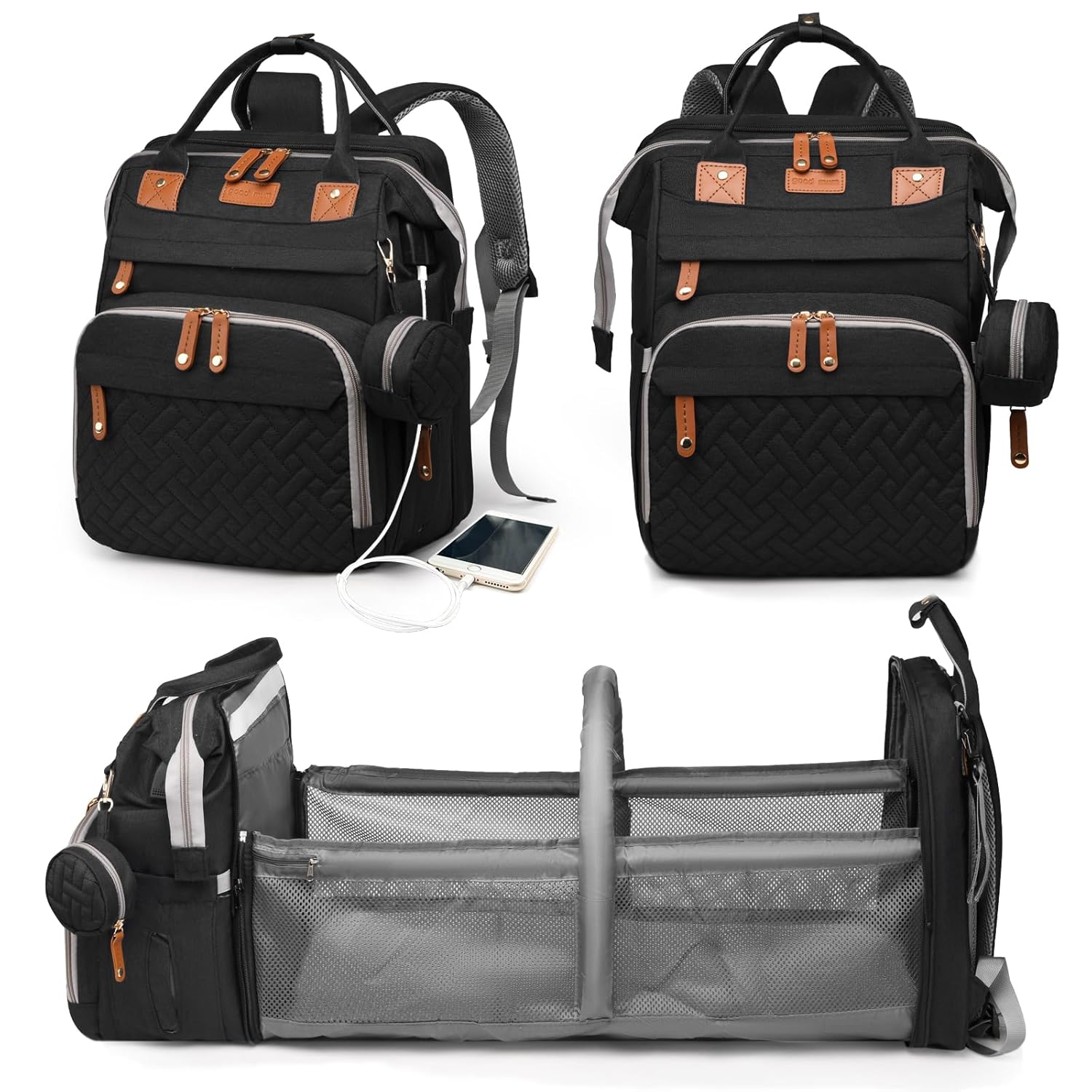 Baby Diaper Bag with Changing Station, Waterproof Diaper Bag Backpack for Moms Dads with USB Charging Port, Baby Shower Gifts, Large Capacity Diaper Backpack, Grey
