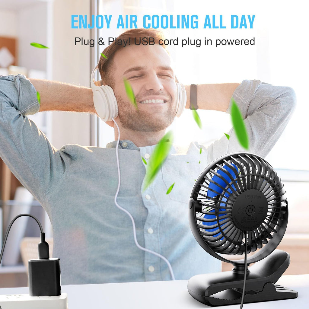 USB Clip on Fan, Portable Small Fan with Cord Powered, 3 Speeds Strong Airflow, with Sturdy Clamp, Quiet Personal Desk Fan