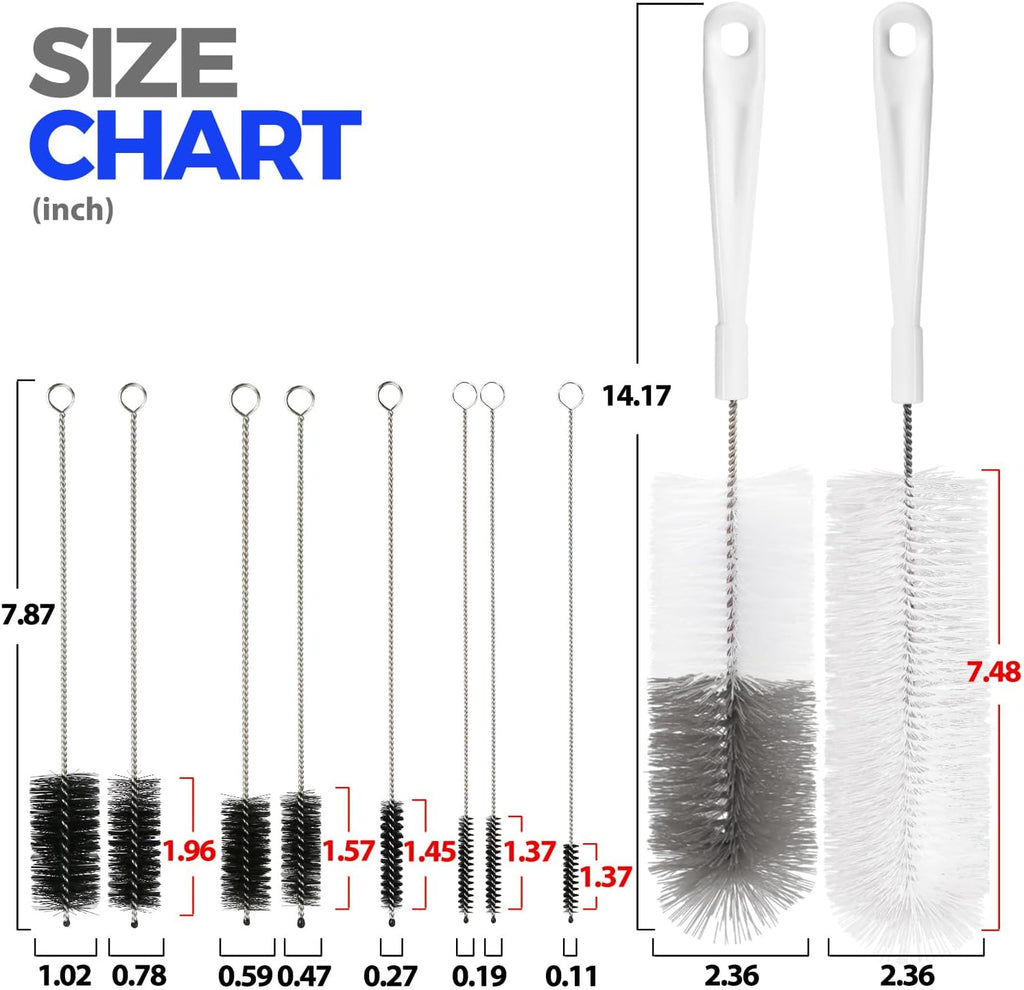 10 Pack Bottle Brush Cleaner Set, 15" Long Handle Bottle Cleaner Brush, Flexible Long Handle Water Bottle Brush for Narrow Neck Beer Wine, 8 Straws, Abrasive Spiral Brushes, White Grey