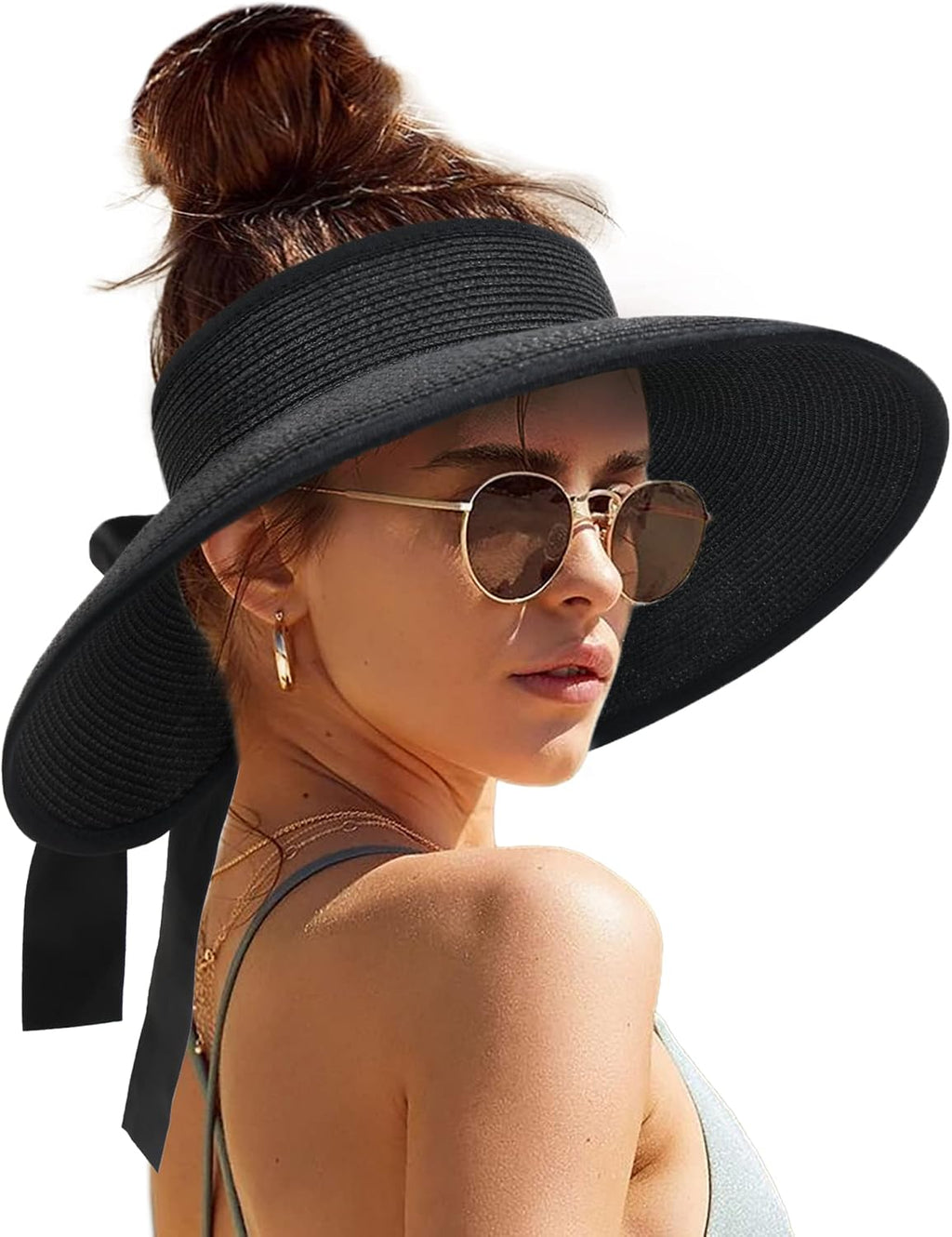 Sun Visors for Women Wide Brim Beach Hat Foldable Straw Visor Hat Ponytail Summer Packable UPF 50+