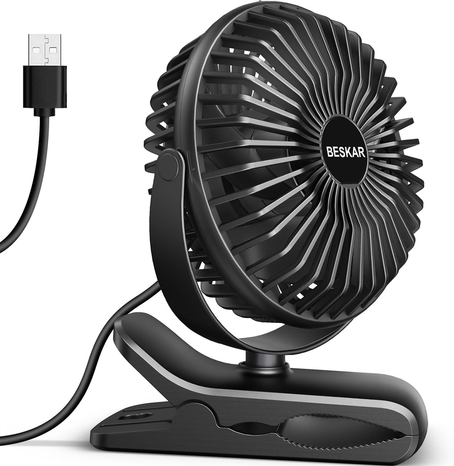 USB Clip on Fan, Portable Small Fan with Cord Powered, 3 Speeds Strong Airflow, with Sturdy Clamp, Quiet Personal Desk Fan