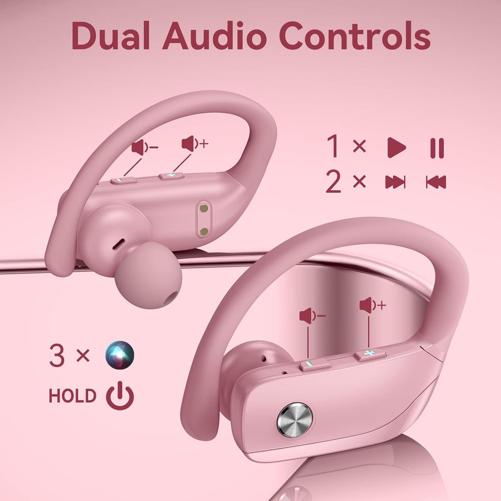Ear Buds Wireless Earbuds Bluetooth Headphones with 80H Playtime LED Display Case, Over-Ear Hook with Mic, Stereo Sound, Easy Button Controls, Sports Earphones for Running Workout Gym Pink